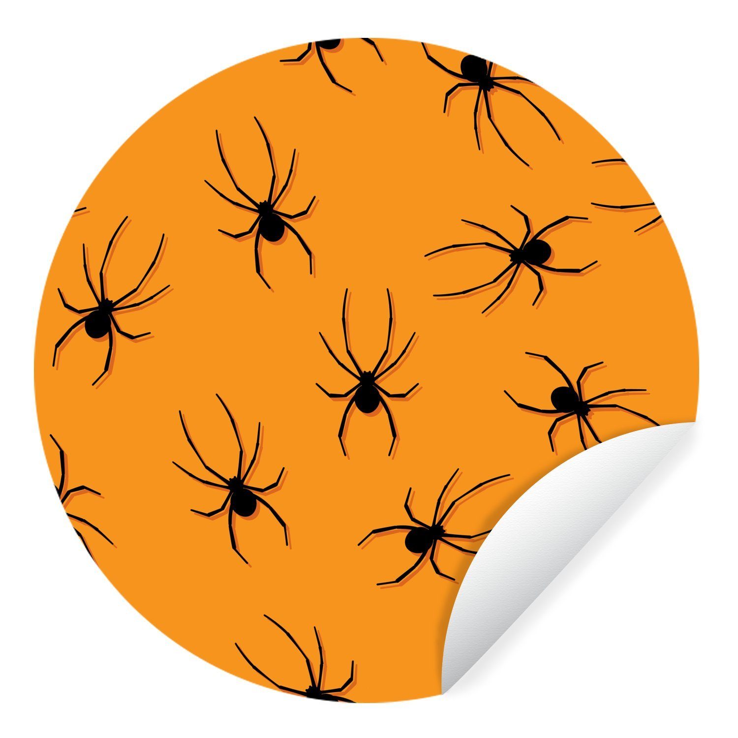 MuchoWow Wandsticker Halloween-Muster mit schwarzen Spinnen auf orangefarbenem Hintergrund (1 St), Tapetenkreis für Kinderzimmer, Tapetenaufkleber, Rund, Wohnzimmer