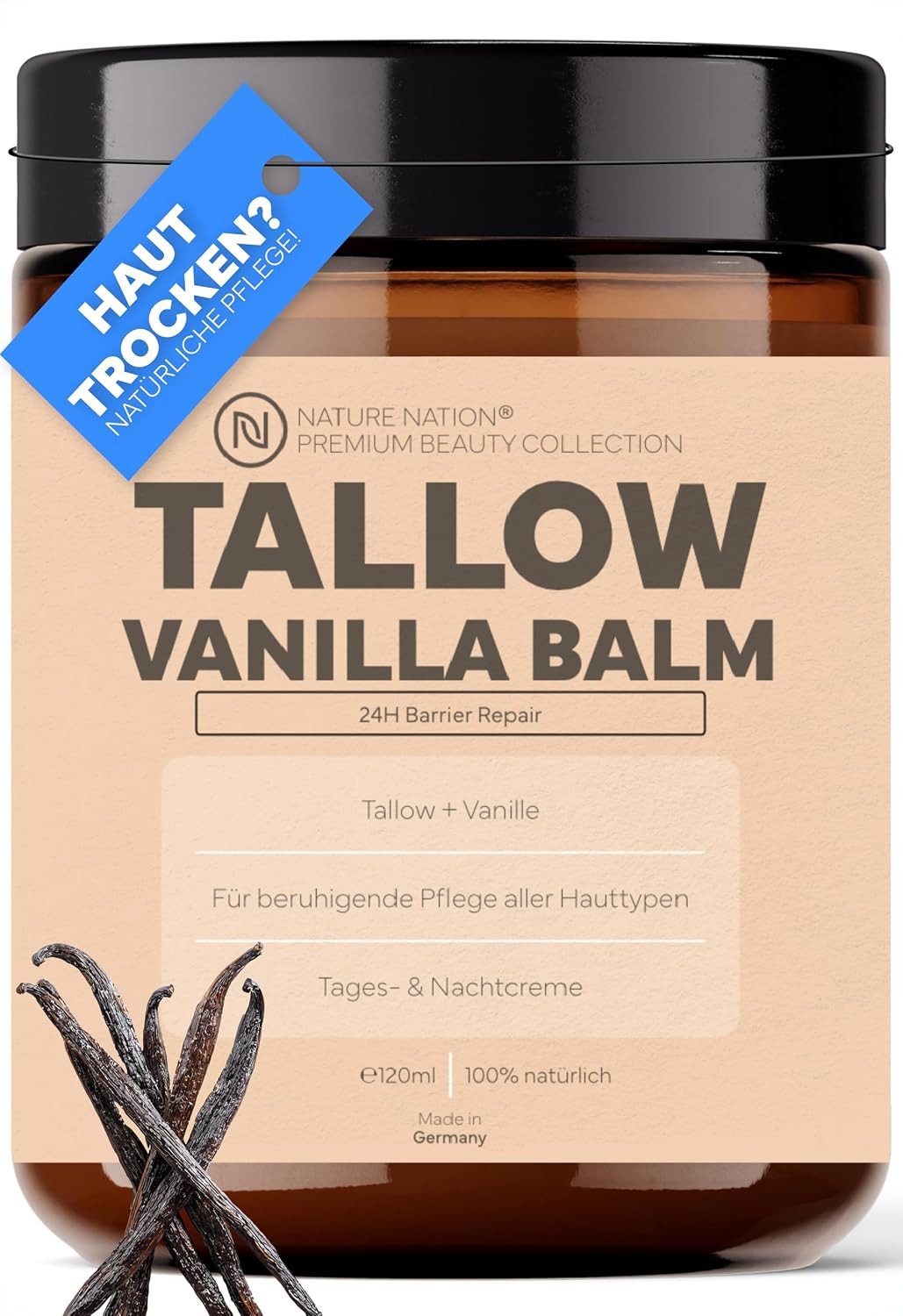 NATURE NATION Hautcreme TALLOW Natur Creme: 100% Beef Tallow Rindertalg Balm Barrier Repair, Reichhaltige Hautpflege, unparfümiert, Made in Germany