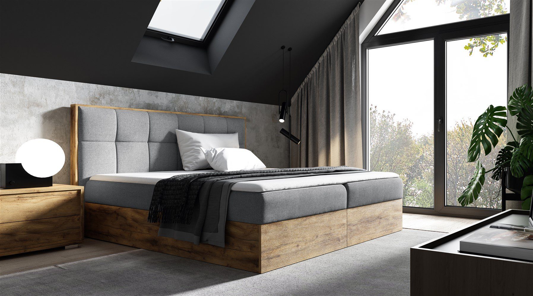 Fun Möbel Boxbett Schlafzimmerbett THANOS Überlänge (220cm) in Stoff Faro (auch in Standardlänge erhältlich, inkl. Kaltschaumtopper und Topper), Lancelot-Eiche-Optik