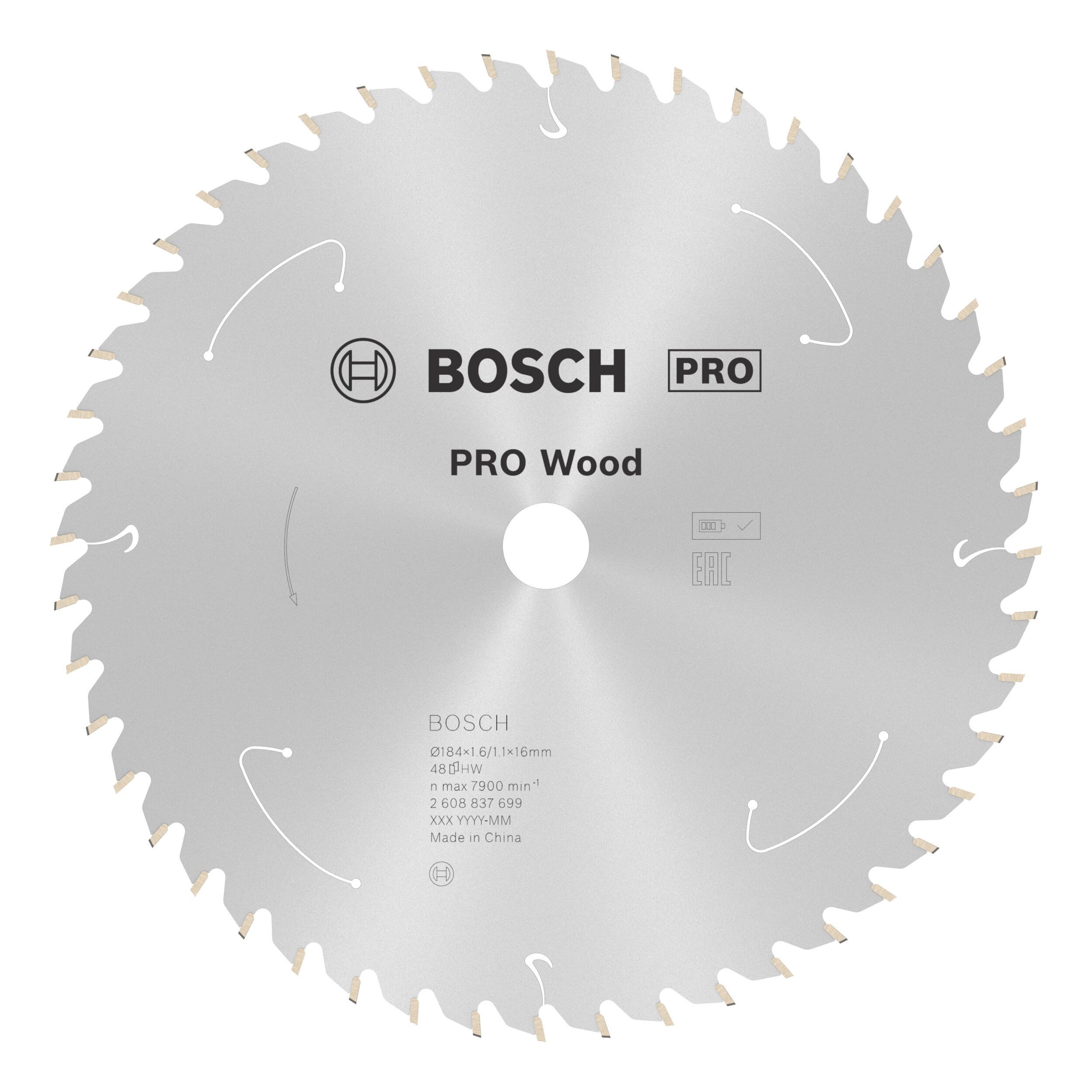 BOSCH Kreissägeblatt Pro Wood cordless, 184 x 1,6 x 16 mm, 48 Zähne, für Akku-Handkreissägen