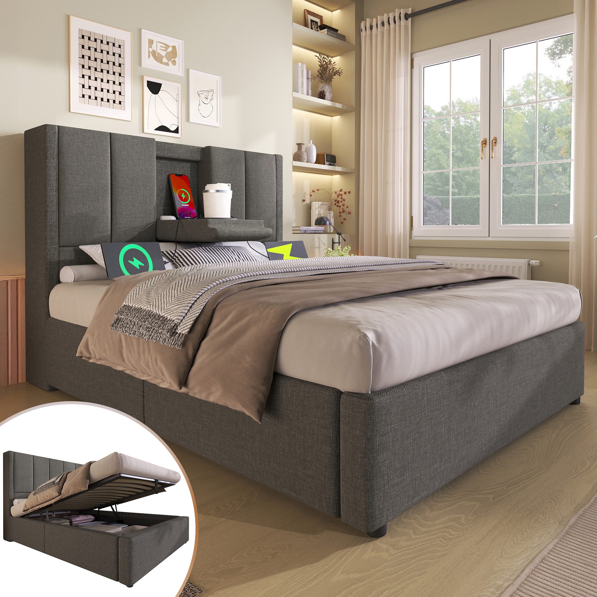 TavilaEcon Boxspringbett Hydraulisches Polsterbett mit verstecktem Becherhalter & Ladestation (1-St), mit U-förmige Eisenstange, 90×200cm, beige/grau