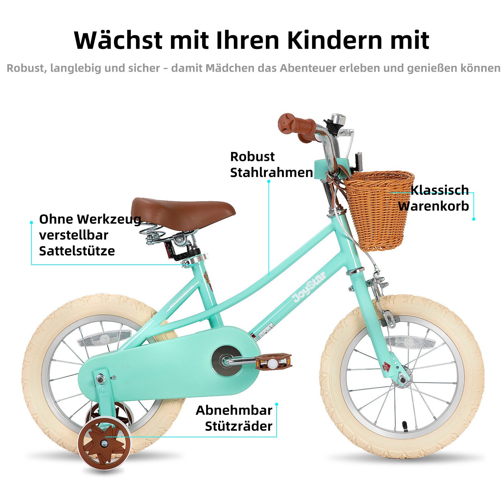JOYSTAR Kinderfahrrad 12/14/16/18/20 Mädchenfahrrad für 2-13 Jahre alte Kinder, 12" 14" 16" Kinderfahrrad mit Stützrädern & Korb, 20 Zoll mit Ständer