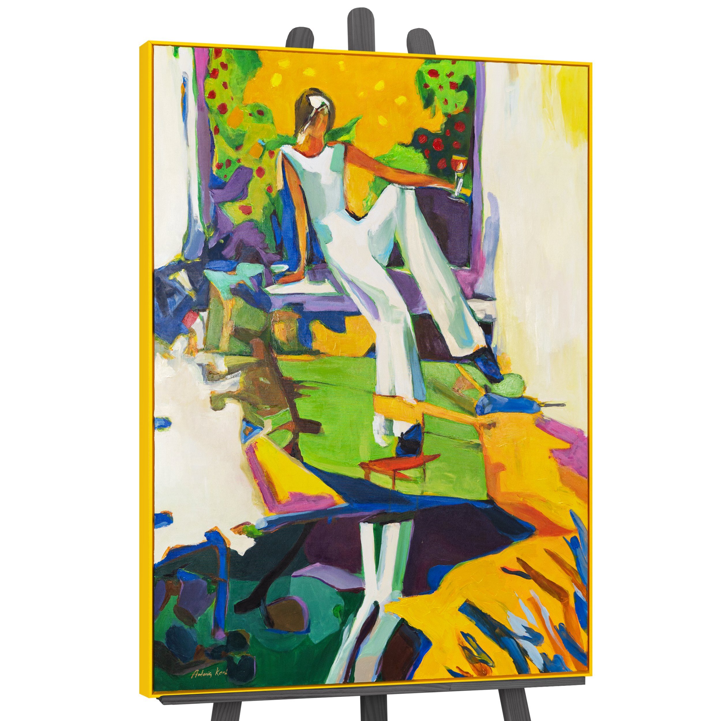 YS-Art Gemälde Der Moment der Inspiration, Abstraktion, gerahmtes Leinwandbild Frau mit Schlaghose in Bunt