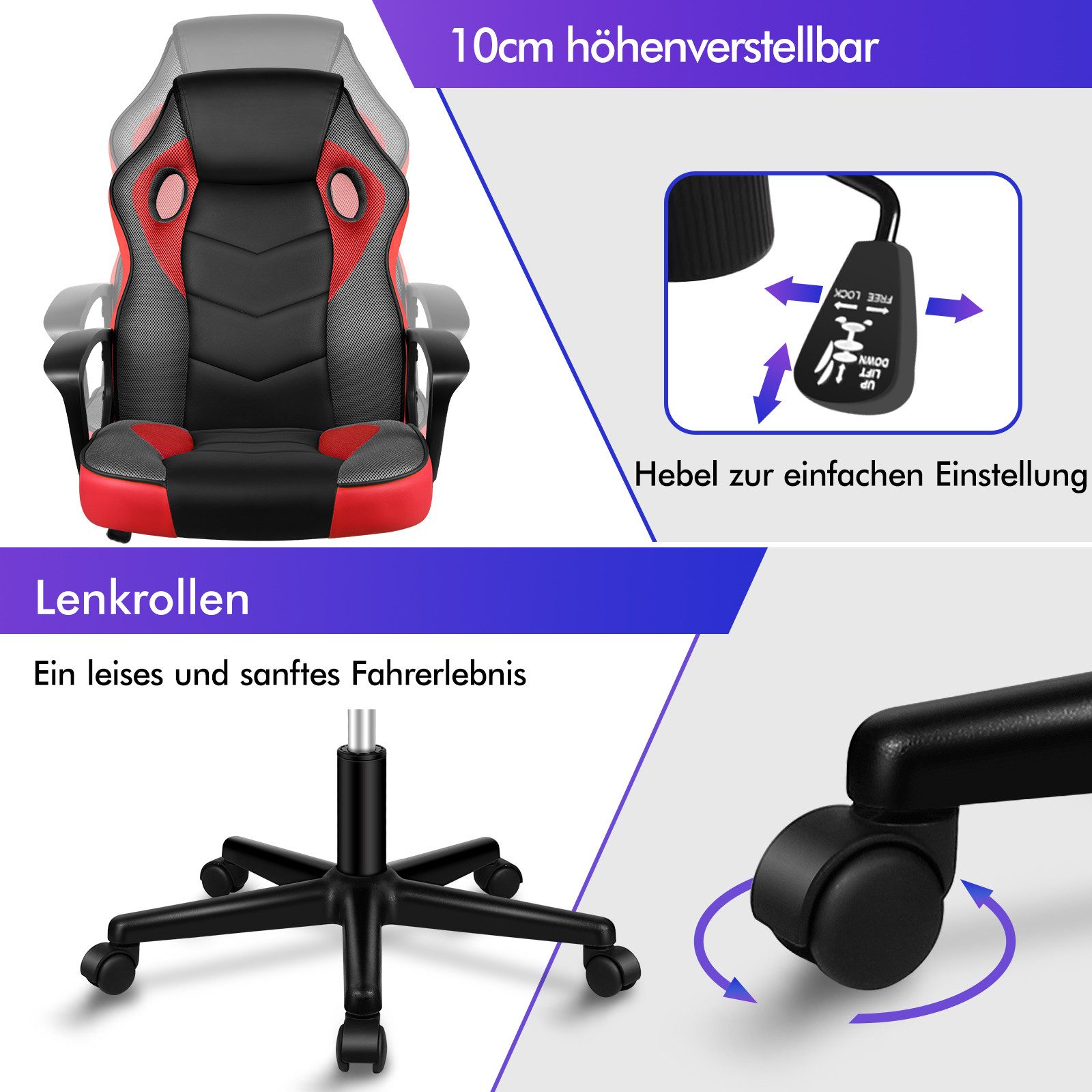ALFORDSON Bürostuhl Racing Schreibtischstuhl, Drehbarer PC-Gaming-Stuhl (1 St), Ergonomischer, höhenverstellbarer und gepolsterter Polsterstuhl – Bild 5 von 5