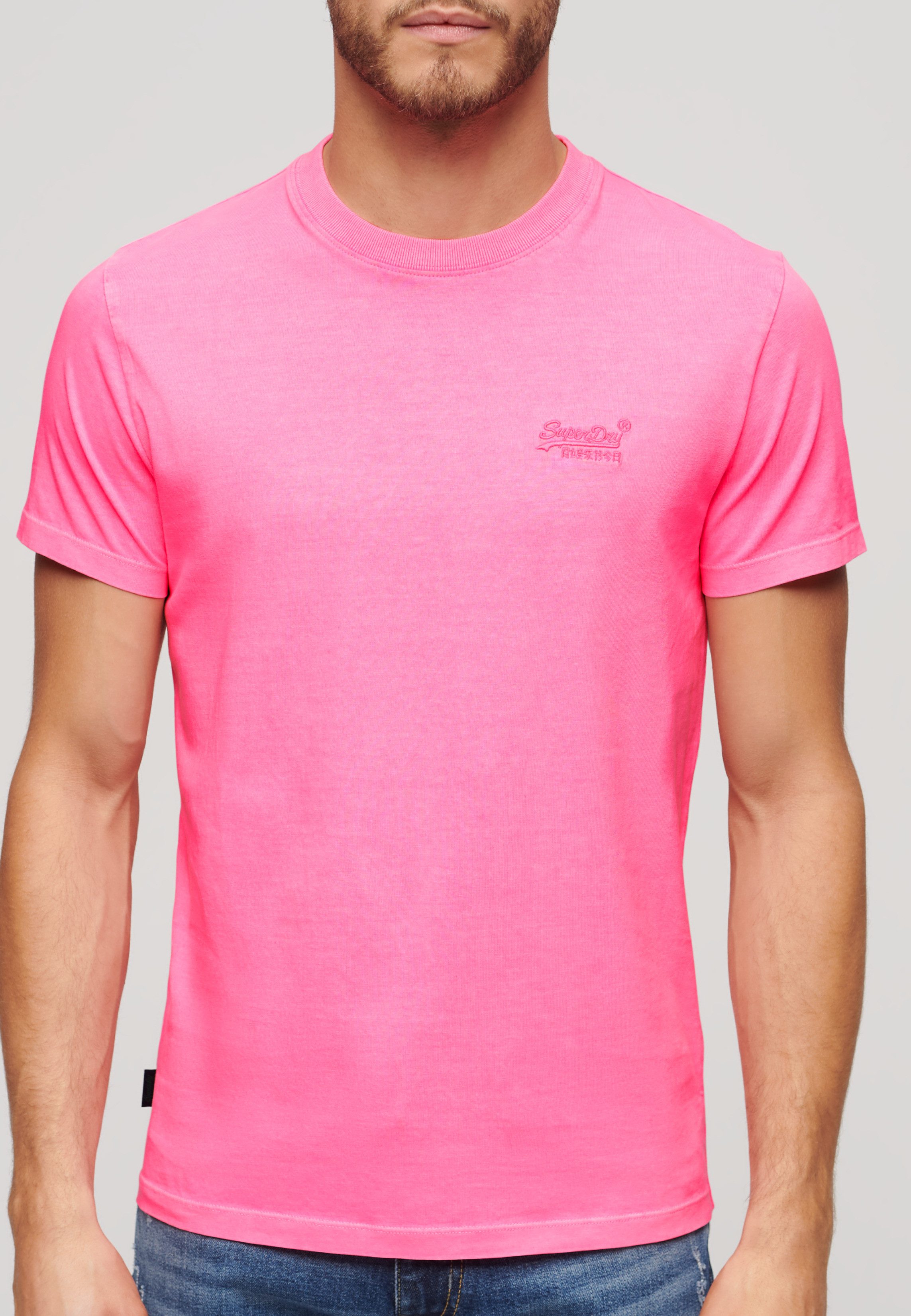 Superdry Rundhalsshirt ESSENTIAL LOGO EMB NEON TEE aus Baumwolle und Single Jersey, normale Passform, ohne Kragen