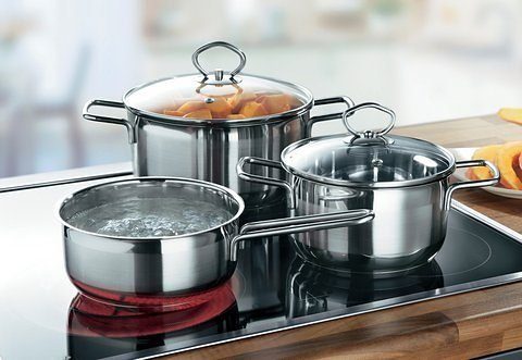 Krüger Topf-Set Manhattan, Edelstahl (Set, 5-tlg., 1x Kochtopf Ø 16 cm, 1x Kochtopf Ø 20 cm, 1x Stielkasserolle Ø 16 cm), für Induktions-Kochfelder geeignet