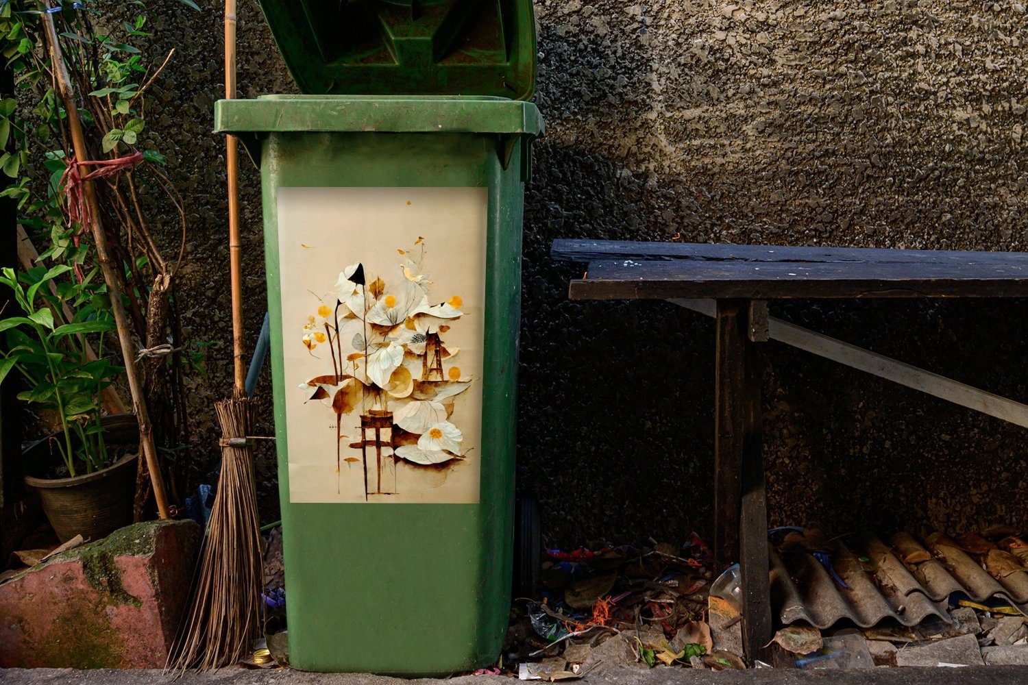 MuchoWow Wandsticker Weiß - Pflanzen Mülltonne, St), - Blumen Container, Vintage Mülleimer-aufkleber, Sticker, (1 Abfalbehälter 