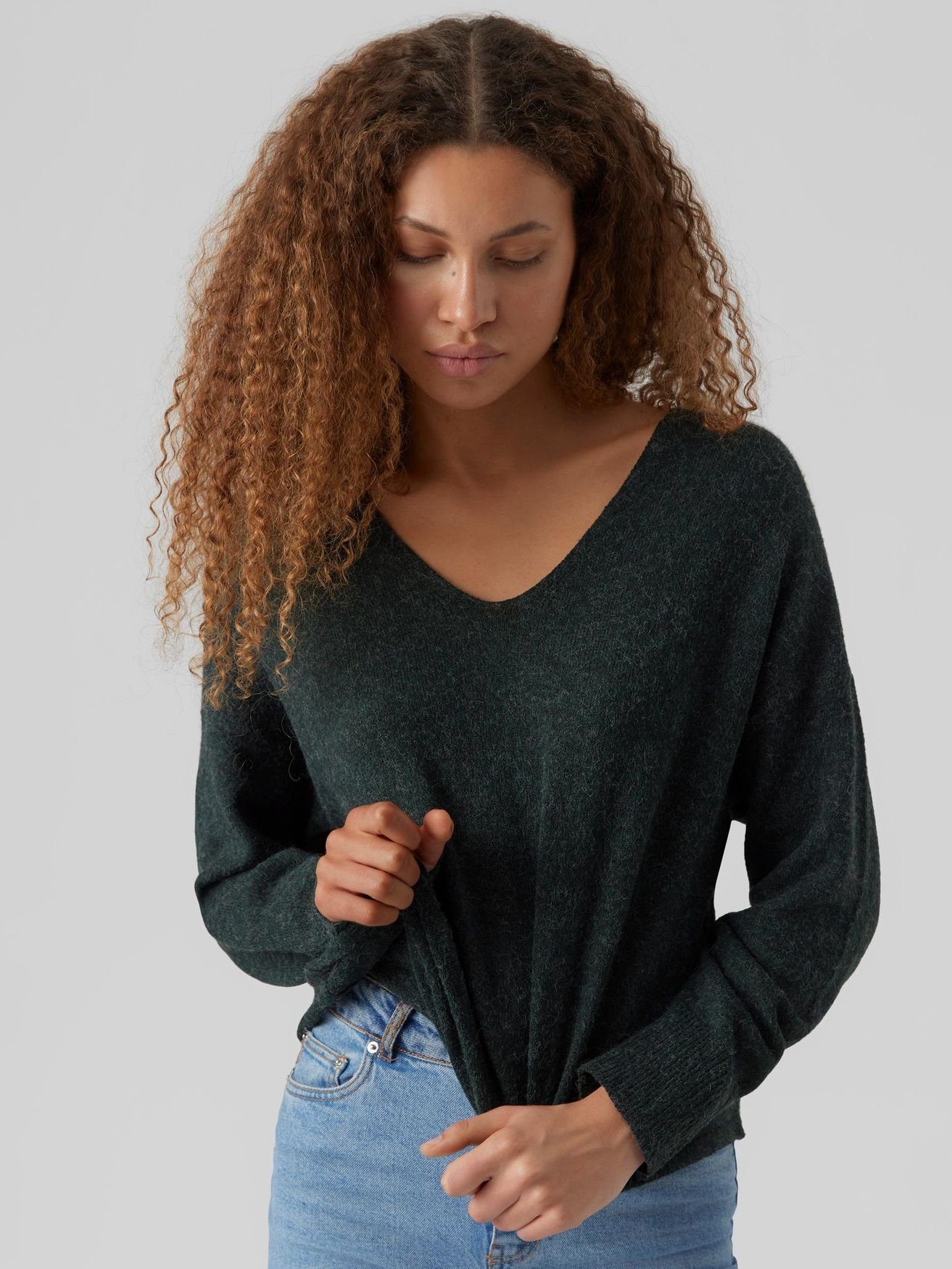 V-Ausschnitt Strickpullover Pullover in Sweater Grün Vero Langarm Moda 4852 VMDOFFY Feinstrick