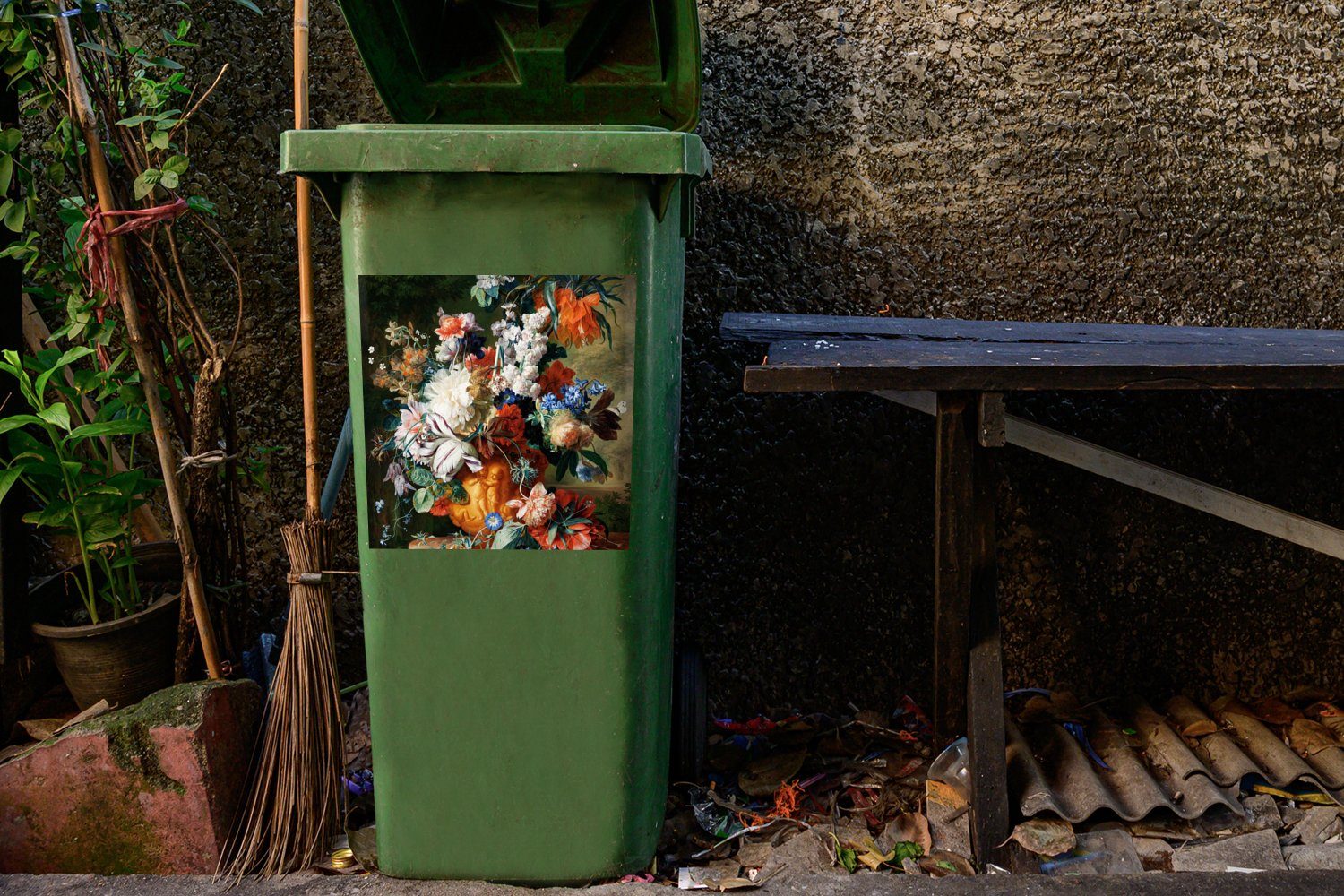 MuchoWow Wandsticker Kunst - Alte Abfalbehälter - Meister Urne in Mülltonne, (1 St), einer Blumenstrauß Sticker, Container, Mülleimer-aufkleber