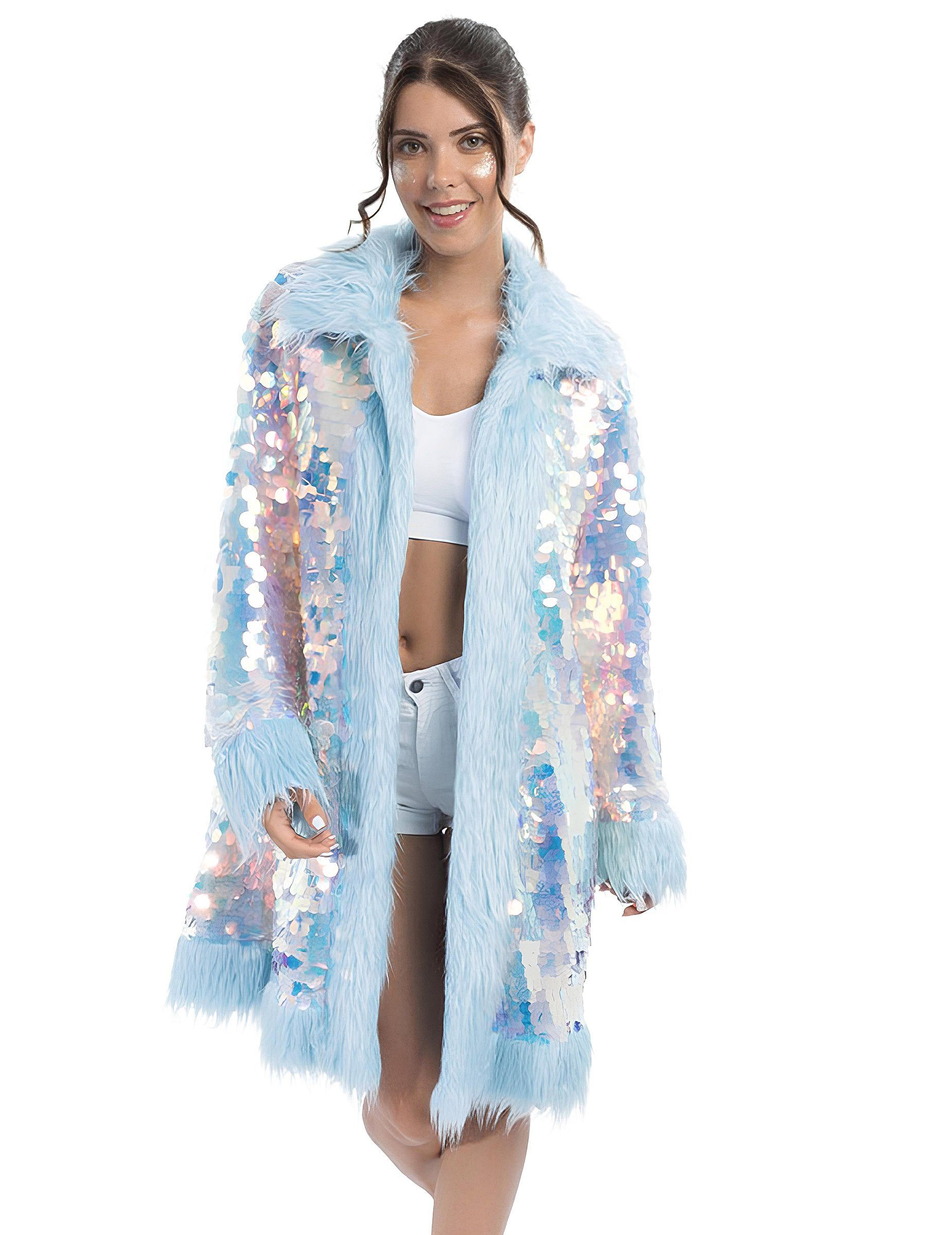 CHAKS Partyanzug Wendemantel mit Pailletten und Kunstfell für Erwachsene blau