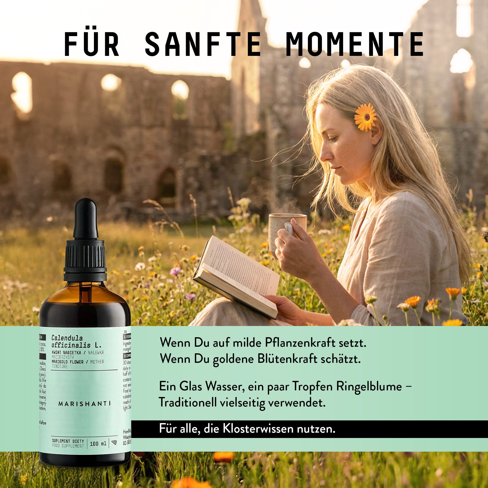 MARISHANTI Ringelblume Extrakt – alkoholfreie Tropfen, als pflanzliche Tinktur aus (Calendula officinalis) à 100 ml, – Vegan