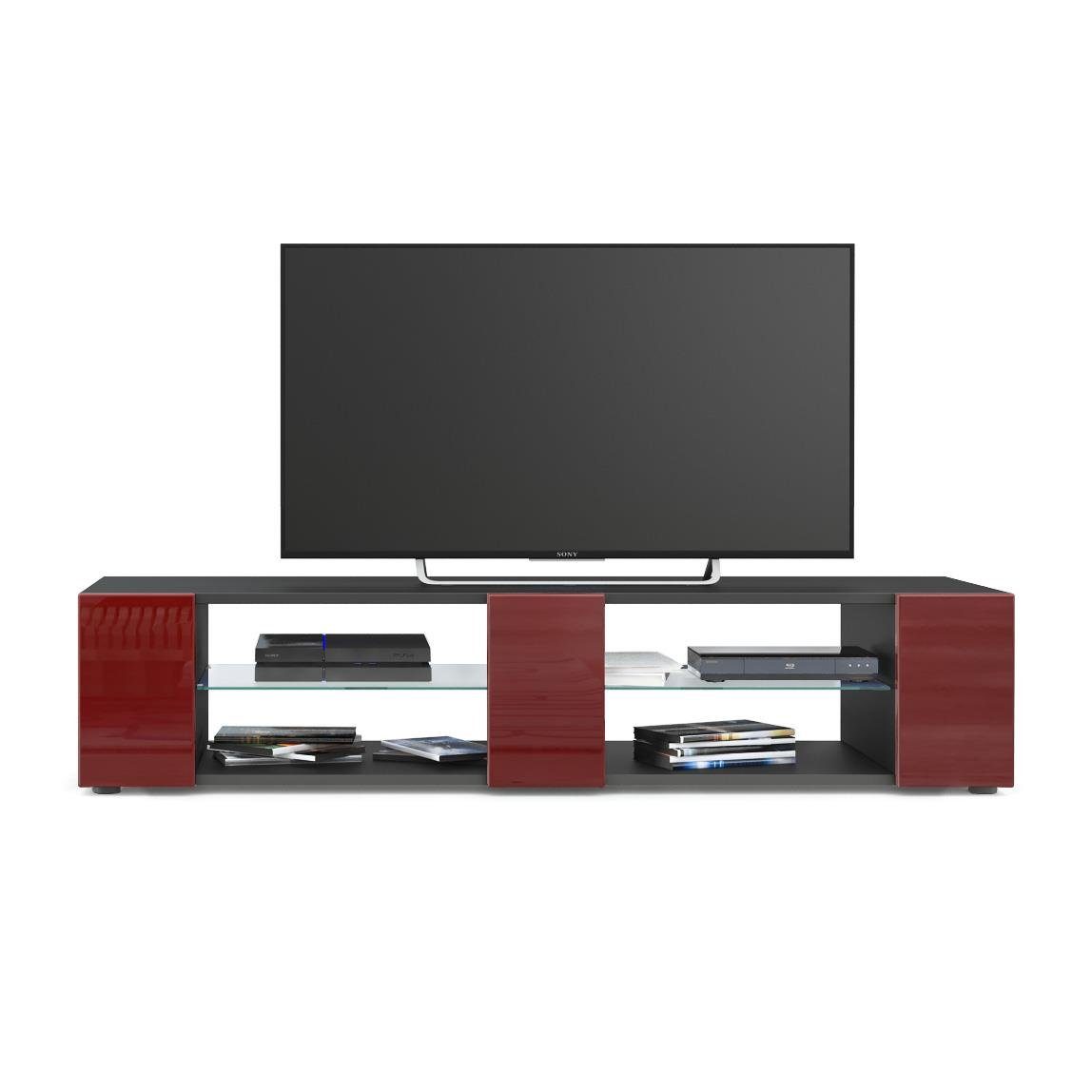 Vladon Lowboard Movie V2 (TV-Kommode, mit 6 offenen Fächern und Zierleisten), Schwarz matt/Bordeaux Hochglanz (134 x 29 x 39 cm)