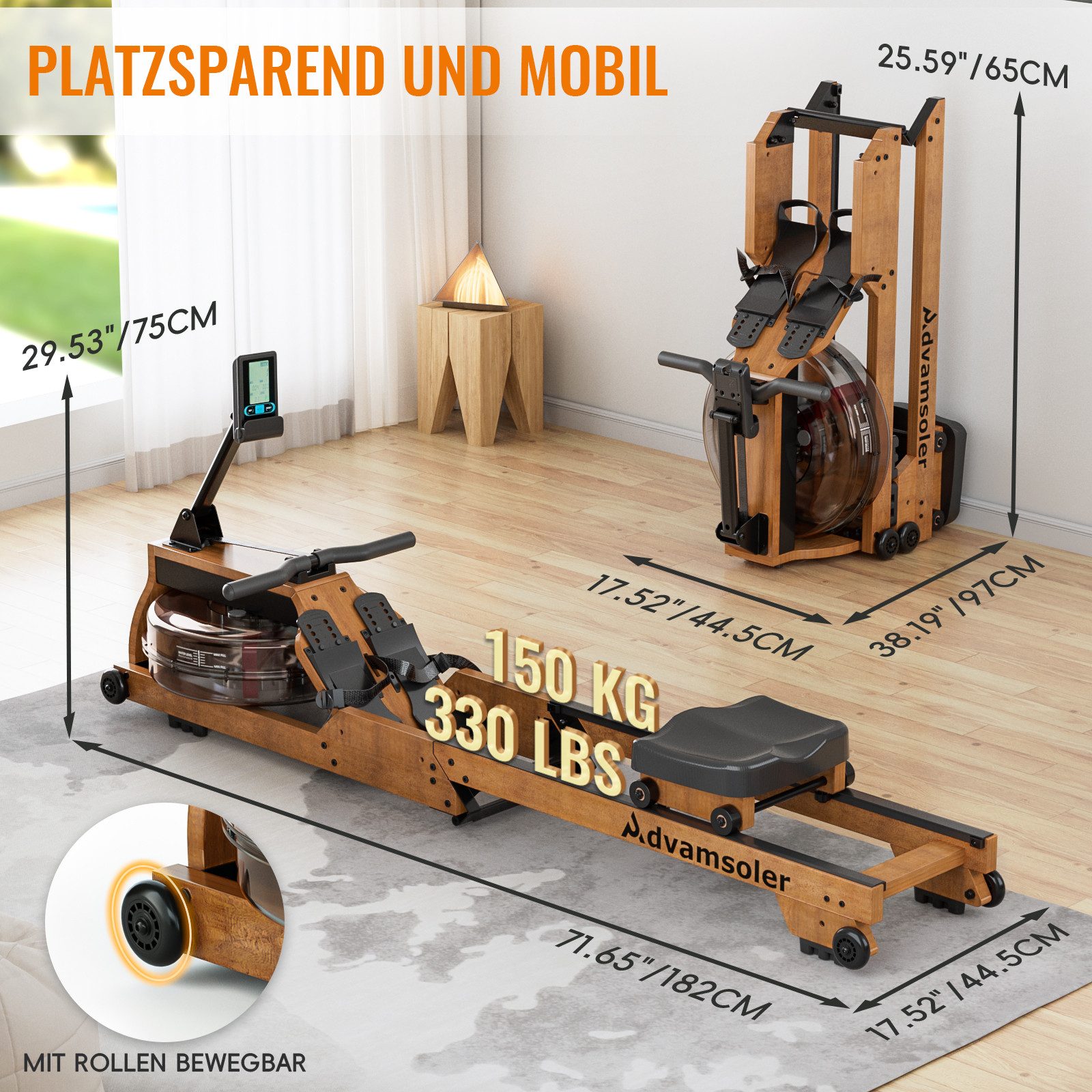 Advamsoler Rudergerät Hochwertiges Faltbares Wasserrudergerät aus Massivholz für Zuhause (1-tlg), Mit Professionellem Bluetooth-Monitor & Tablet-Halter
