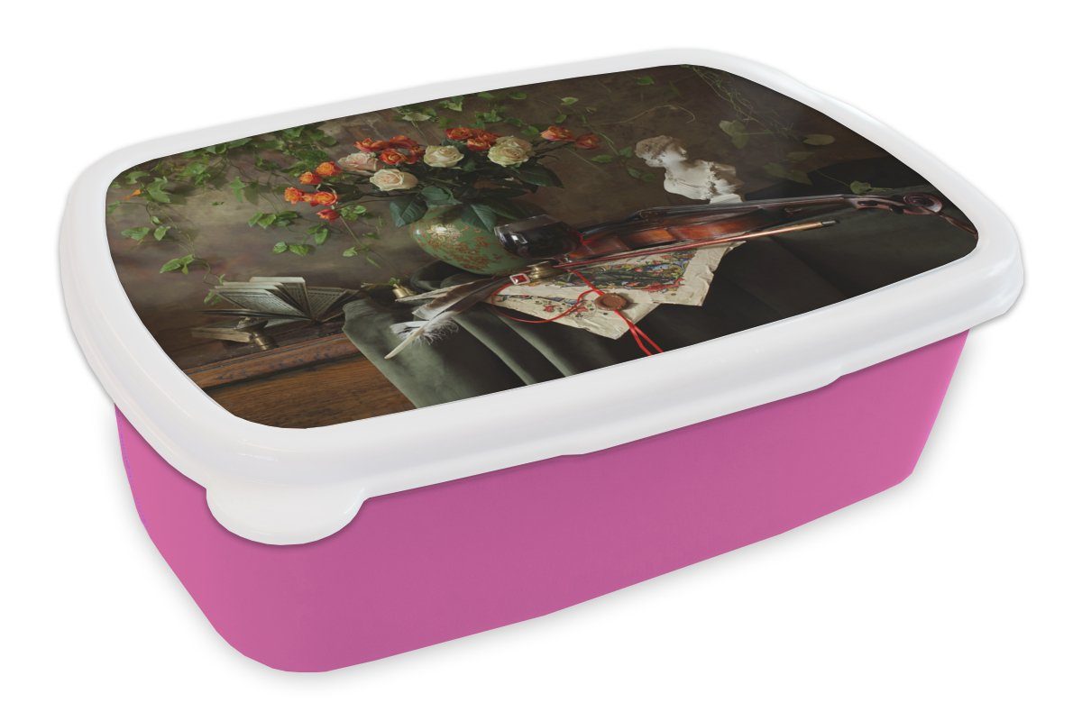 MuchoWow Lunchbox Blumen - Mädchen, für Kunststoff, (2-tlg), Brotbox Stilleben, Erwachsene, rosa Kunststoff Kinder, Brotdose Geige - Snackbox