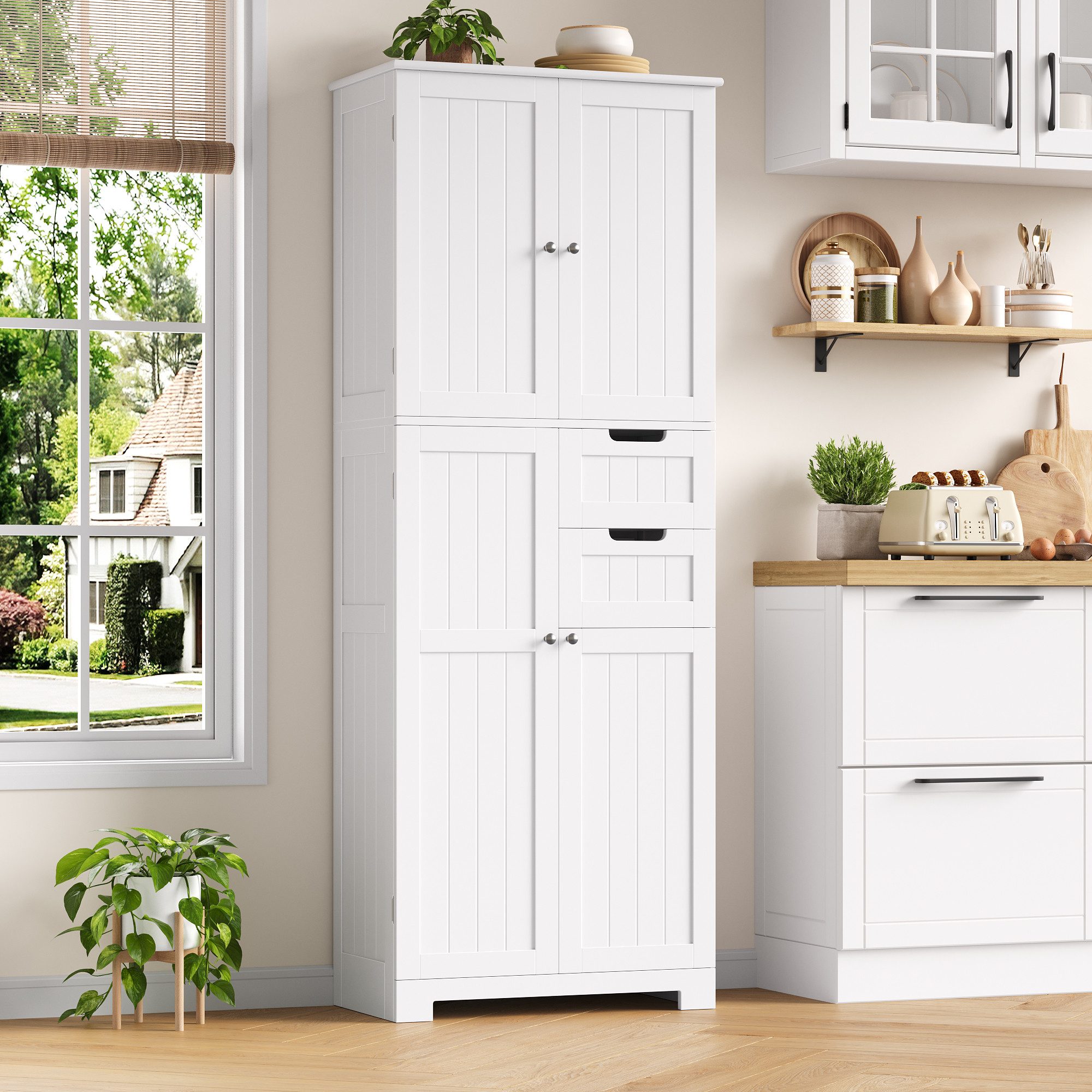 HOMECHO Hochschrank Badezimmerschrank mit 4 Türen 2 Schubladen für Wohnzimmer Küche Esszimmer Büro 164.5X 60x30cm