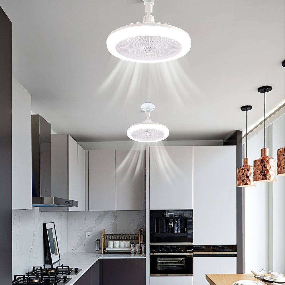 MUPOO Deckenventilator mit Küche und fur Fernbedienung,LED Ventilator, Beleuchtung Schlafzimmer Esszimmer Deckenventilatoren, 30W Licht Gelb-E27-Lichtfarbe mit 3 Deckenlampe Modi