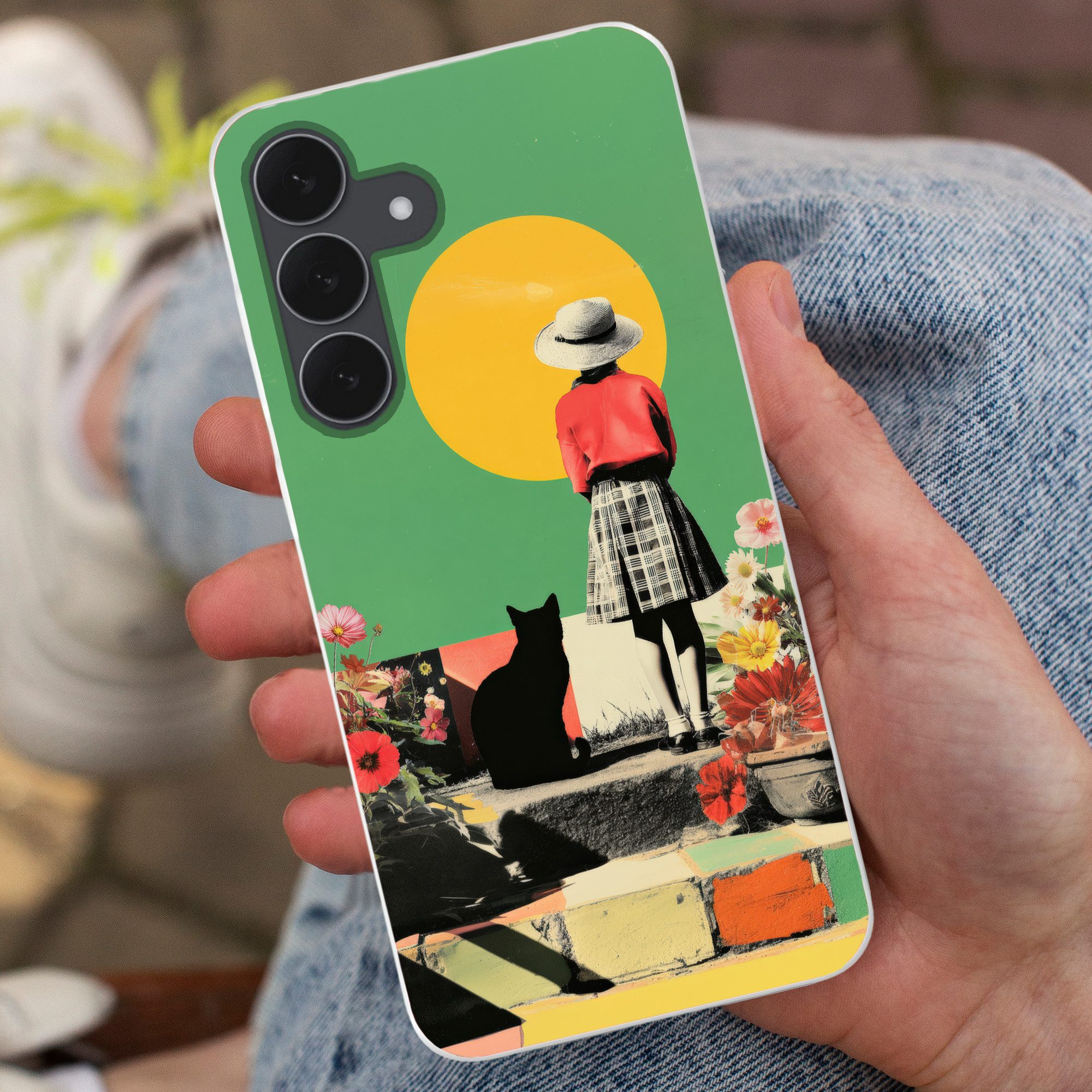 MuchoWow Handyhülle für Samsung Galaxy S25 FE Retro - Mädchen - Katze - Sonne, Smartphone-Bumper, Print, Handy Schutzhülle Dünn