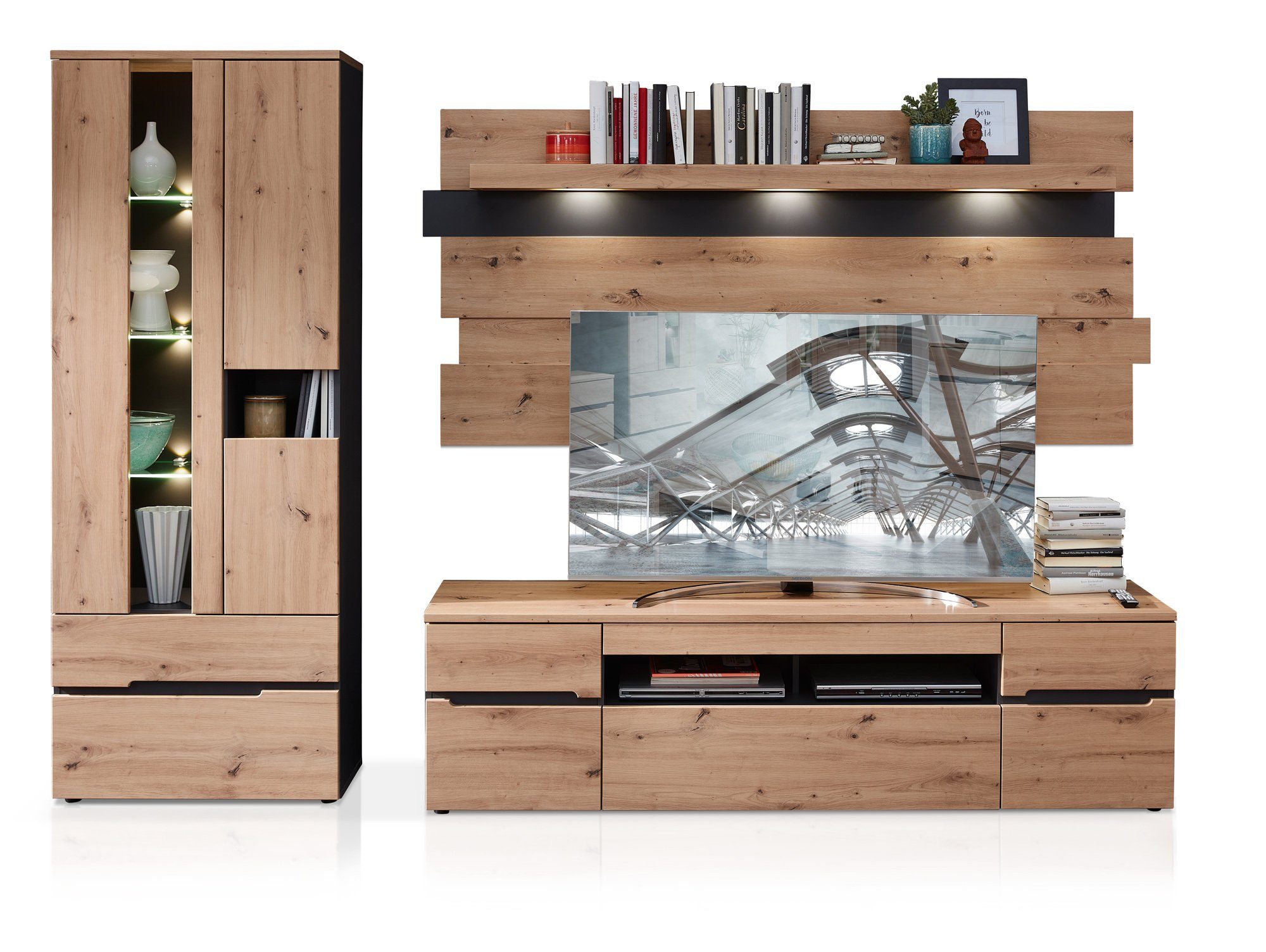 Moebel-Eins Wohnzimmer-Set, MAILAND Wohnwand, Material MDF, Artisan eichefarbig