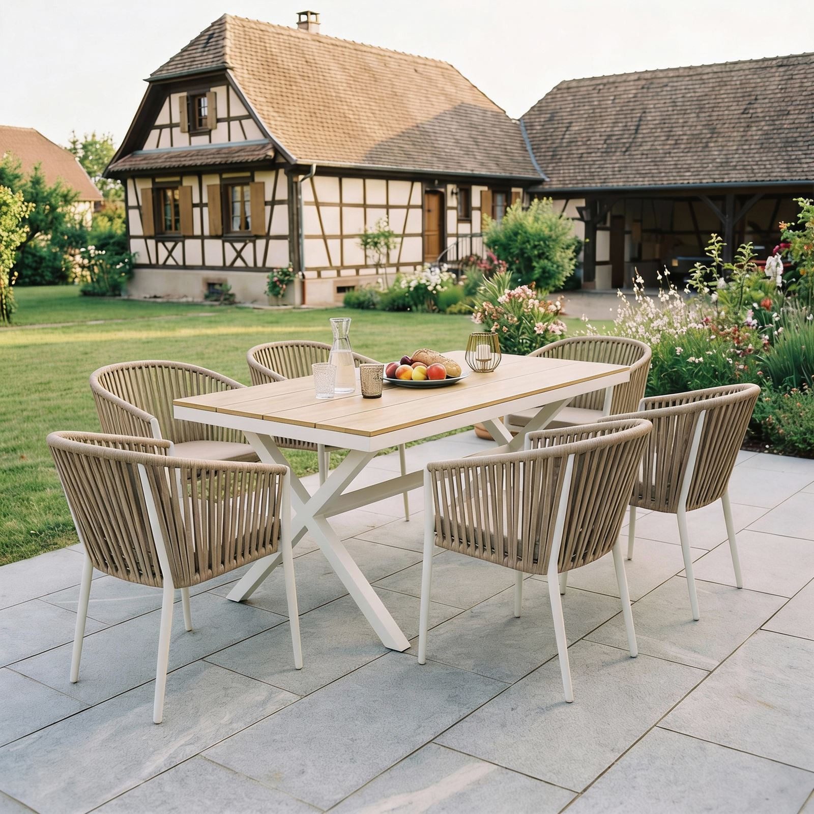 IDIMEX Garten-Essgruppe ISOLA, Gartenmöbel Set, 6 Personen wetterfest aus Alu und Rope Weiß/Beige