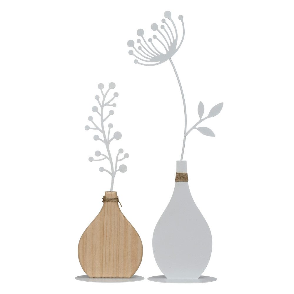 Posiwio Dekoobjekt 2tlg. Dekoaufsteller BLOOMY weiß braun Blumen aus Holz und Metall H34/