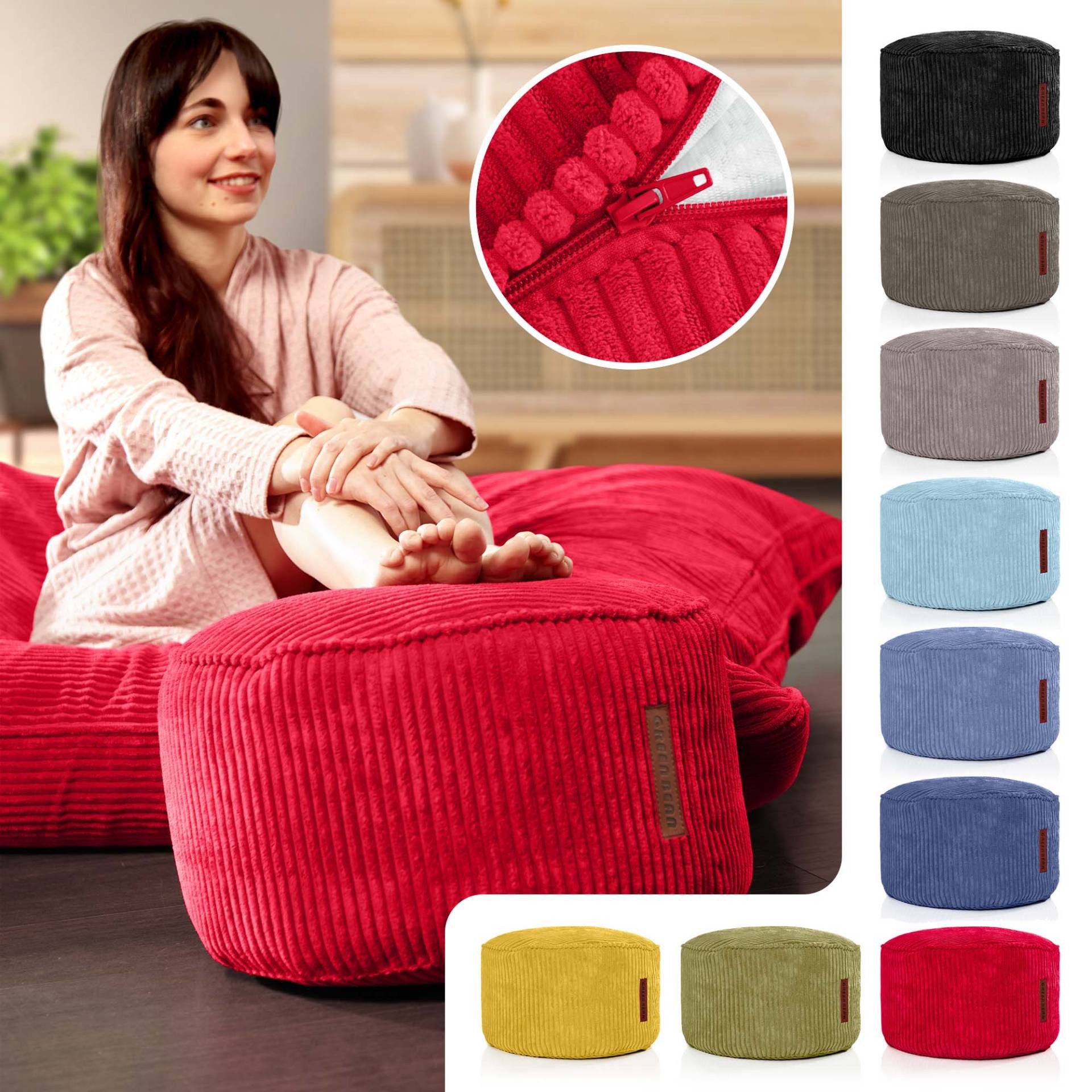 Green Bean Pouf Sitzsack-Hocker Pouf Cord 45x25cm (Indoor Sitzhocker Sitzkissen Fußhocker Relax-Sessel, Made in Germany), die ideale Ergänzung zum Sitzsack – Bild 5 von 5