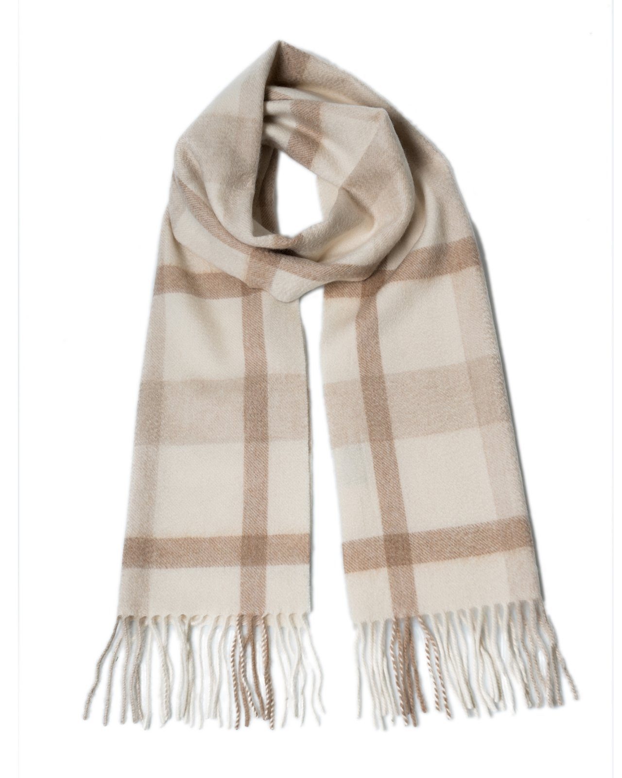 MayTree Kaschmirschal Unisex, 180 x 30cm, mit Fransen, kariert Hellbraun Weiss, (Stück, 1-St), 100% Kaschmir