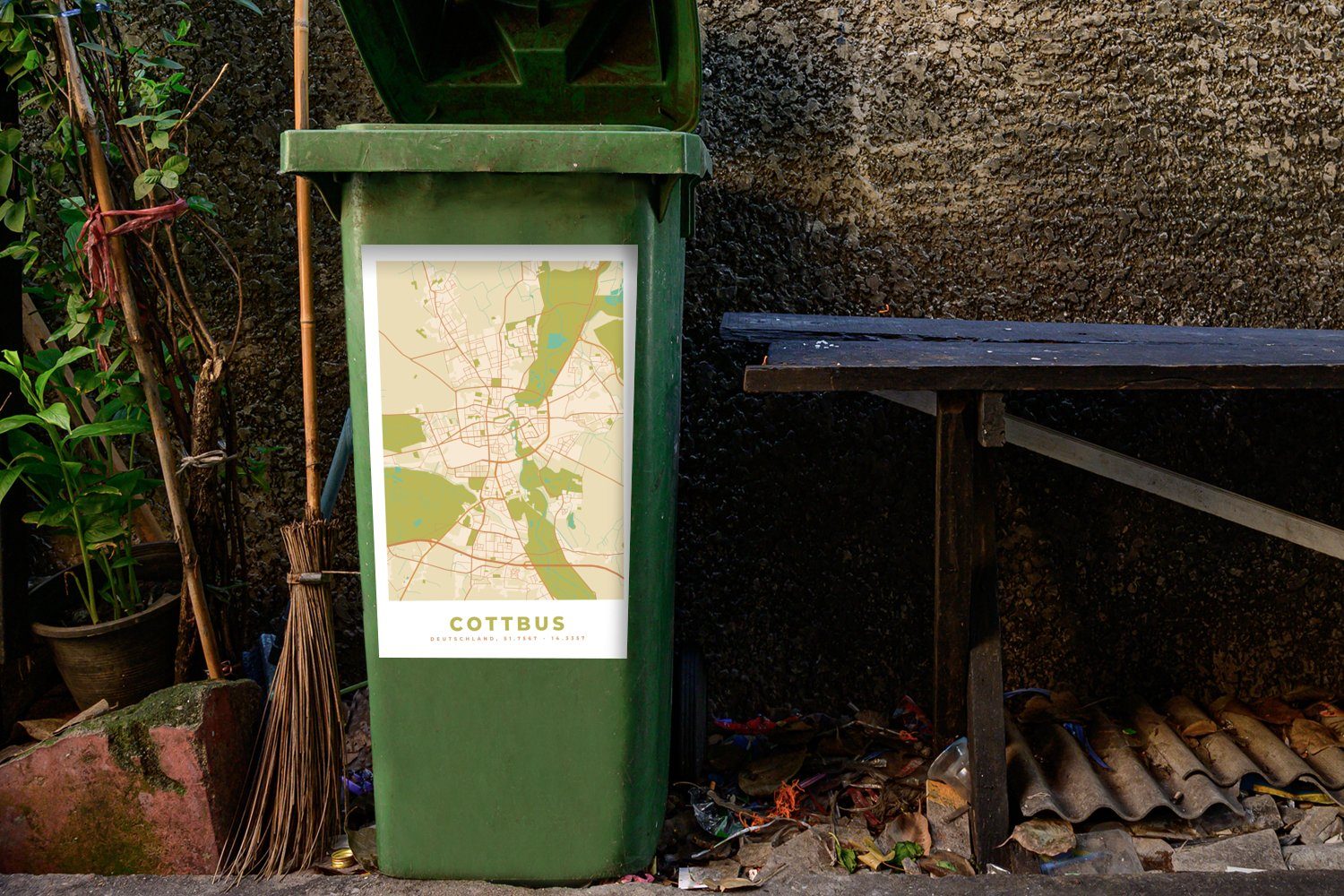 Abfalbehälter - Mülleimer-aufkleber, St), Wandsticker Mülltonne, Karte - Sticker, - MuchoWow Jahrgang (1 Container, Cottbus Karte