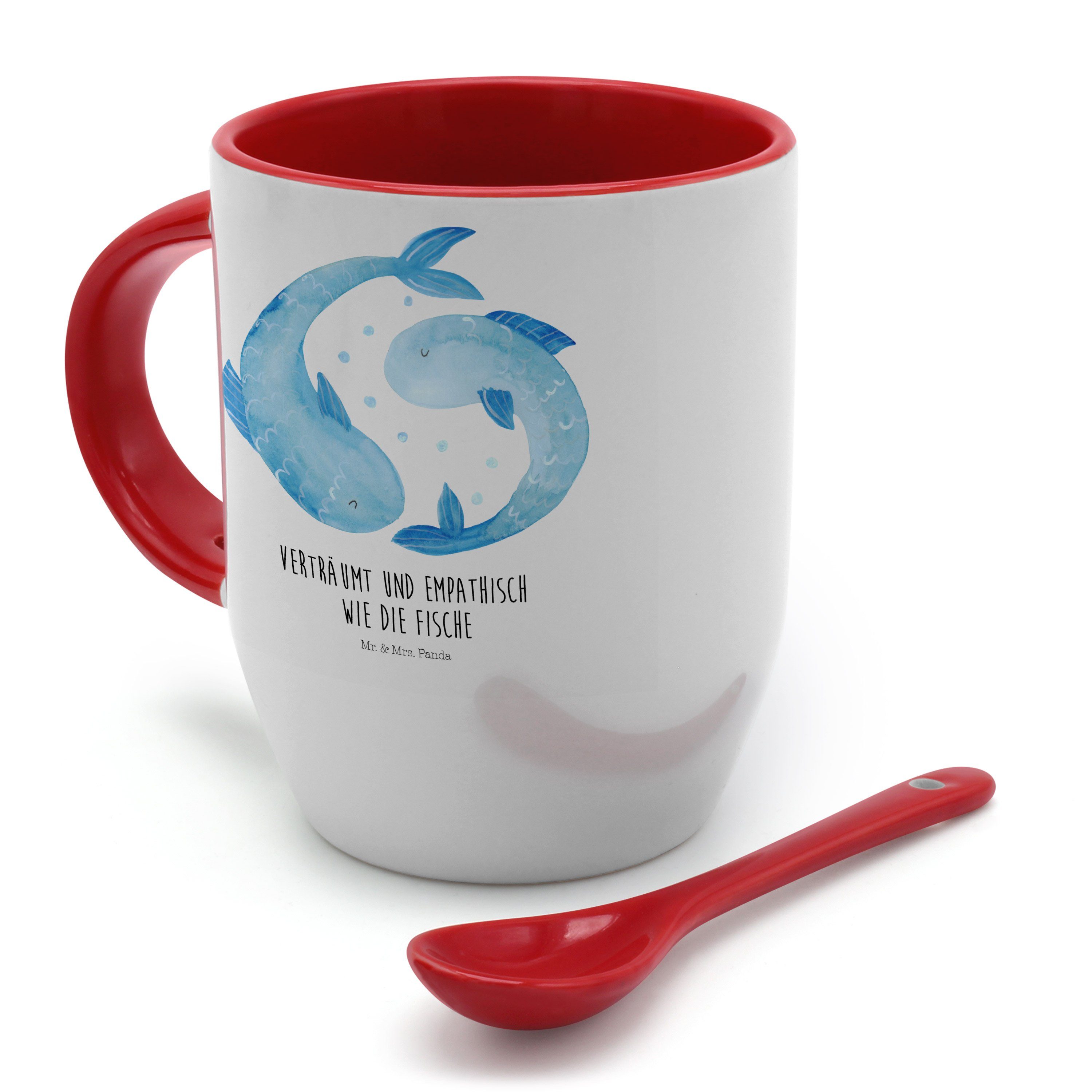 Löffel, Panda mit Tasse Mrs. Fische Kaffeetasse, Tasse - Geschenk, & Sternzeichen - Mr. Keramik Weiß