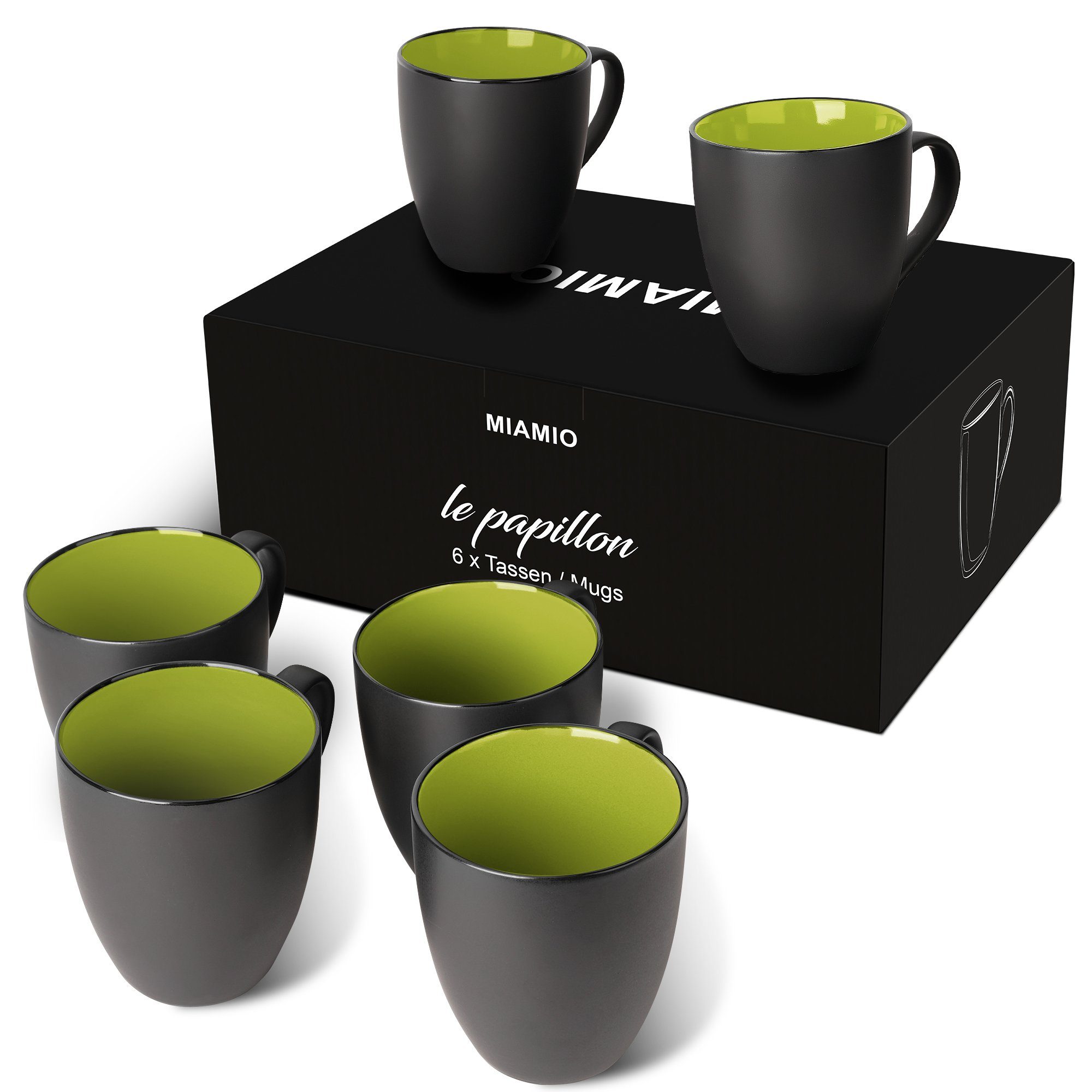 MiaMio Tasse MIAMIO - 6 x 350 ml Kaffeetassen Set Außen Schwarz Innen Farbig