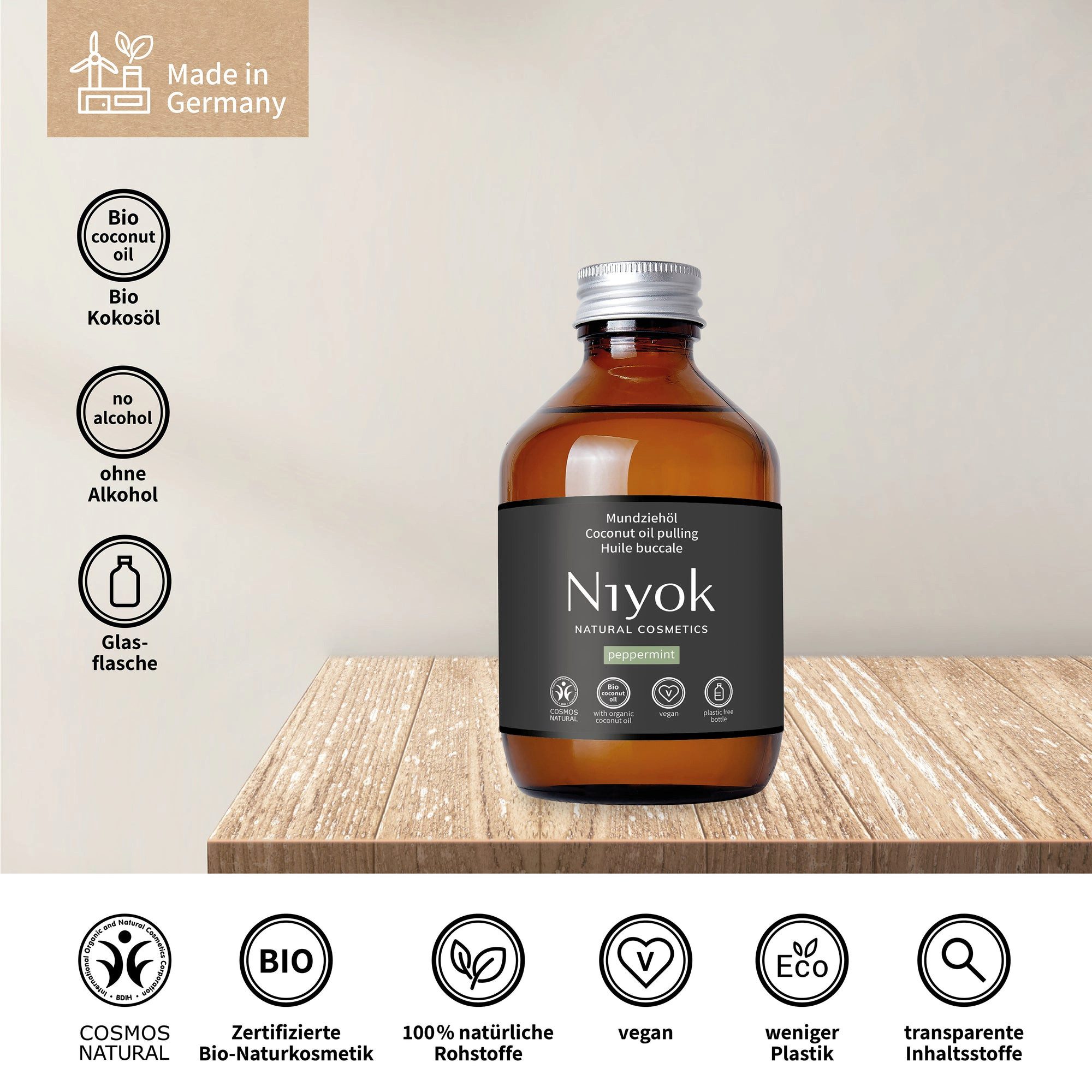 Niyok Mundspülung Mundziehöl Bio Kokosöl-Pfefferminze-Ölziehkur gegen Karies, Zahnstein, (1-tlg) gegen Mundgeruch, Veganes Zahnöl