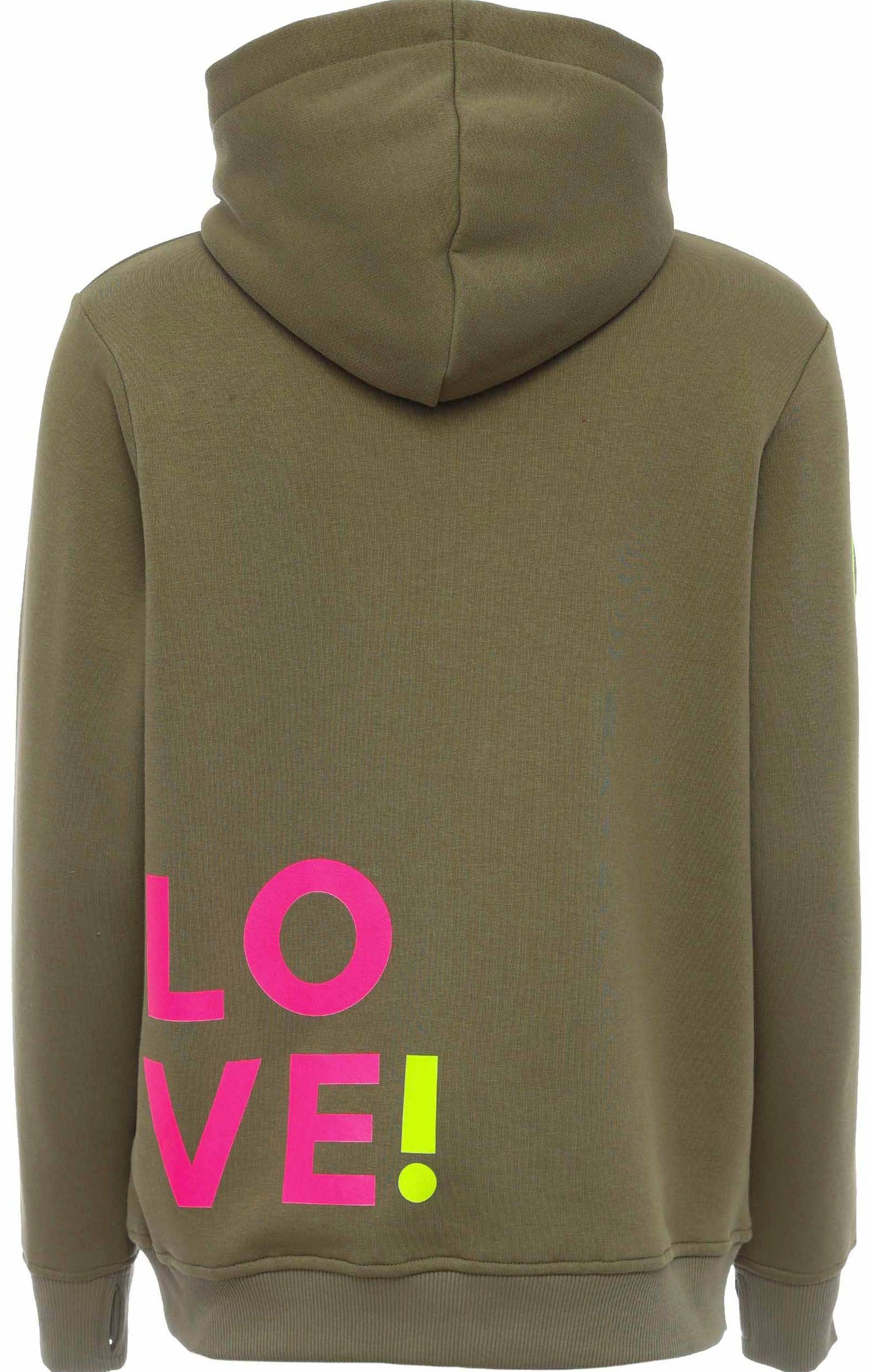 Zwillingsherz Kapuzensweatshirt mit gesticktem Neon Herz am Ärmel und "Love" Schriftzug auf Kordel – Bild 4 von 5