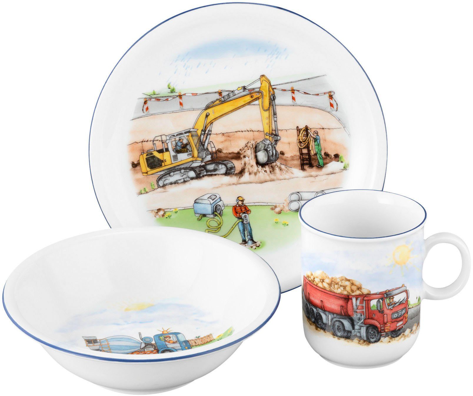 Seltmann Weiden Kindergeschirr-Set Compact Auf der Baustelle (3-tlg), 1 Personen, Porzellan, Teller, Schüssel, Becher, Made in Germany, 3 …