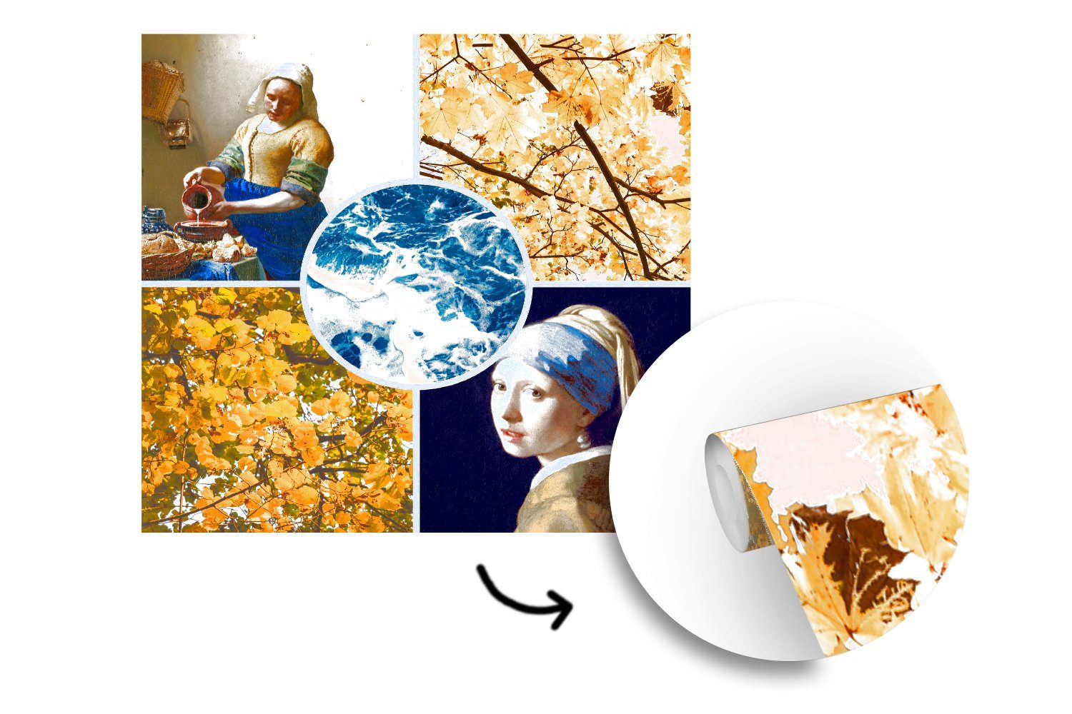 MuchoWow Fototapete Vermeer - Collage Küche, bedruckt, Wohnzimmer (4 - Matt, Kunst, Fototapete für Schlafzimmer St), Vliestapete