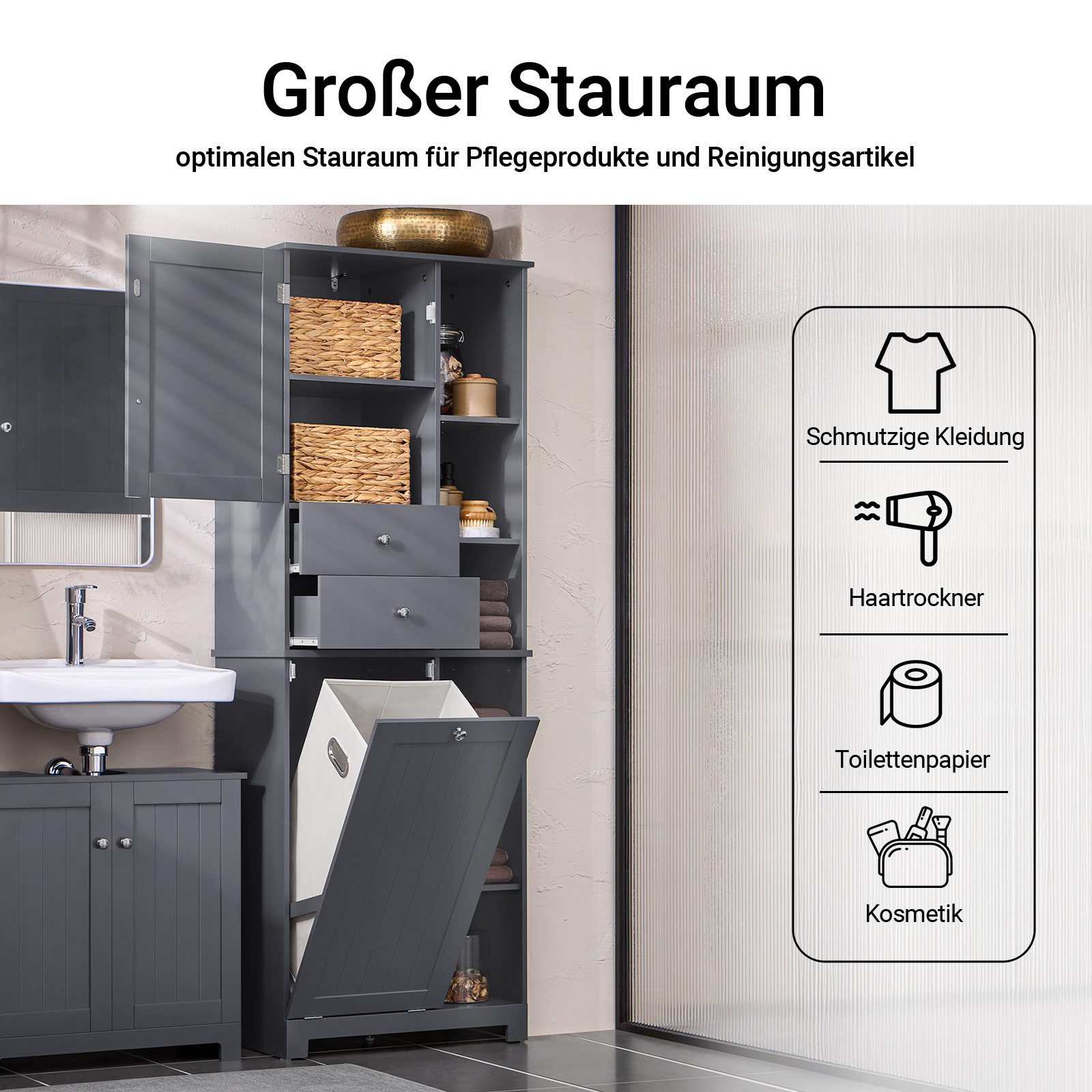 SoBuy Hochschrank BZR104, Badschrank Hoch, Badregal mit 6 Ablagen und 2 Schubladen Badezimmerschrank mit Wäschesack Wäscheschrank Badezimmer Schrank Weiß