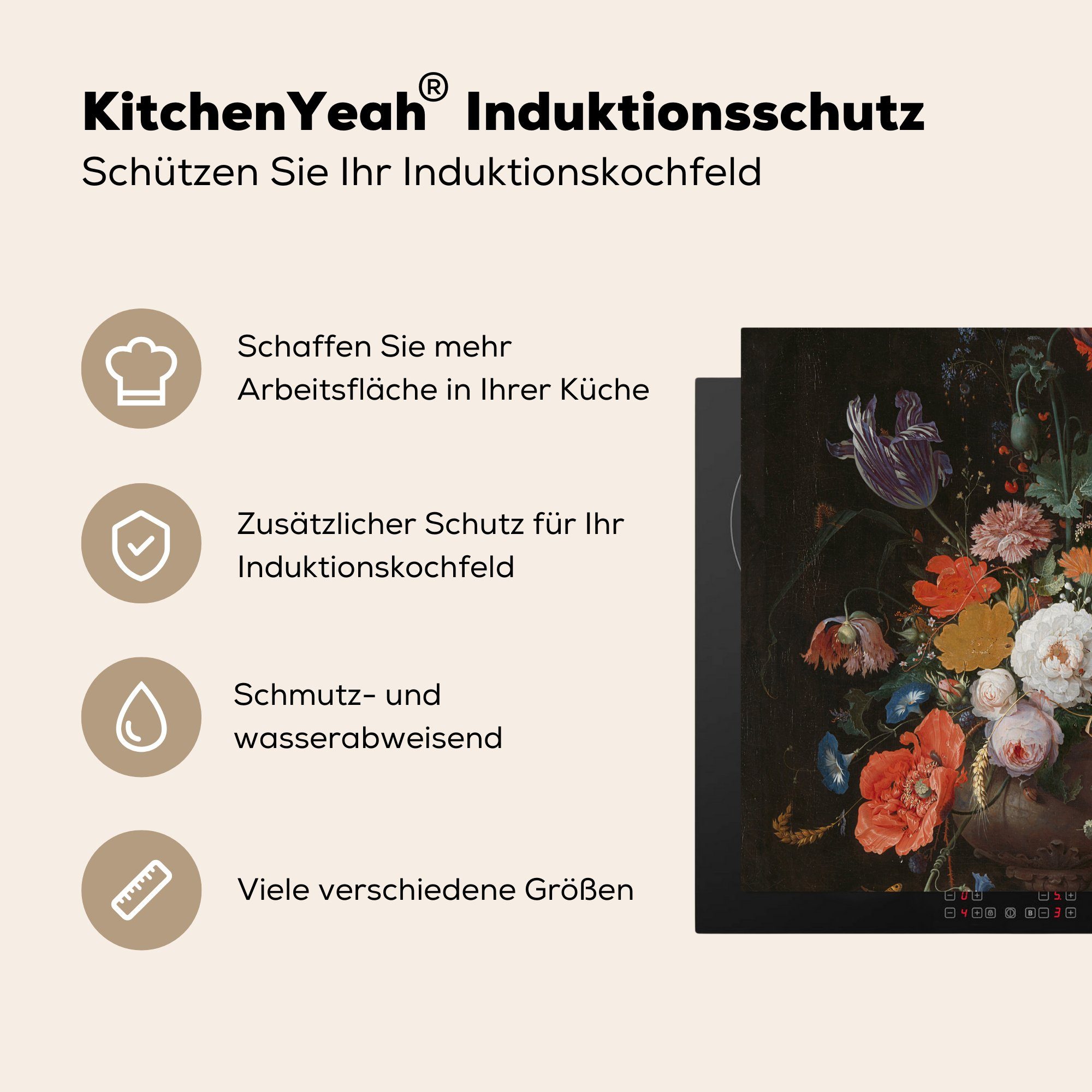 Stilleben die Herdblende-/Abdeckplatte küche, Abraham Ceranfeldabdeckung Blumen cm, für Vinyl, 59x52 Induktionsmatte tlg), MuchoWow einer Gemälde mit (1 Mignon, von Uhr und -