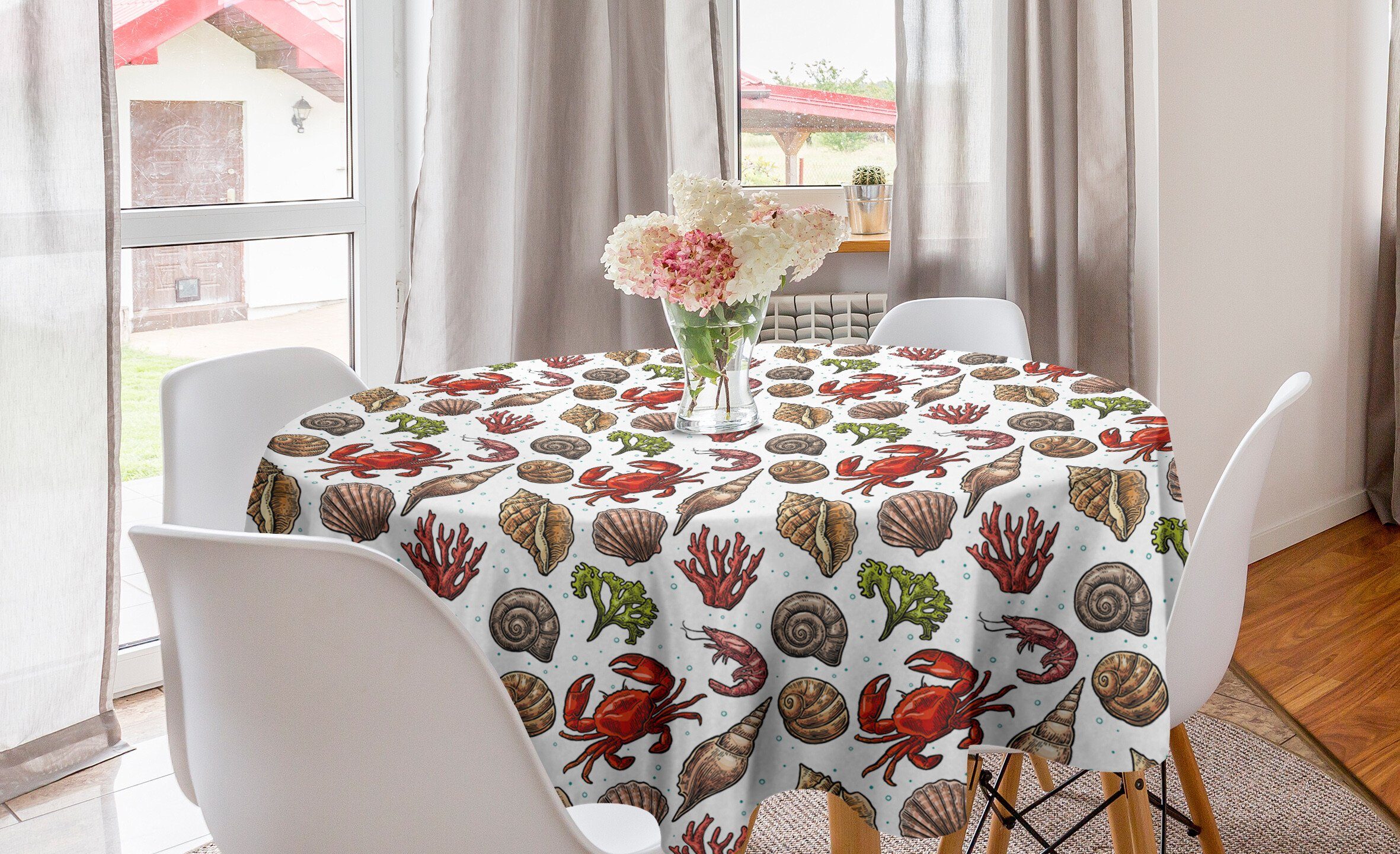 Abakuhaus Tischdecke Kreis Tischdecke für Sea Maritime Garnelen Abdeckung Shells Dekoration, Küche Esszimmer