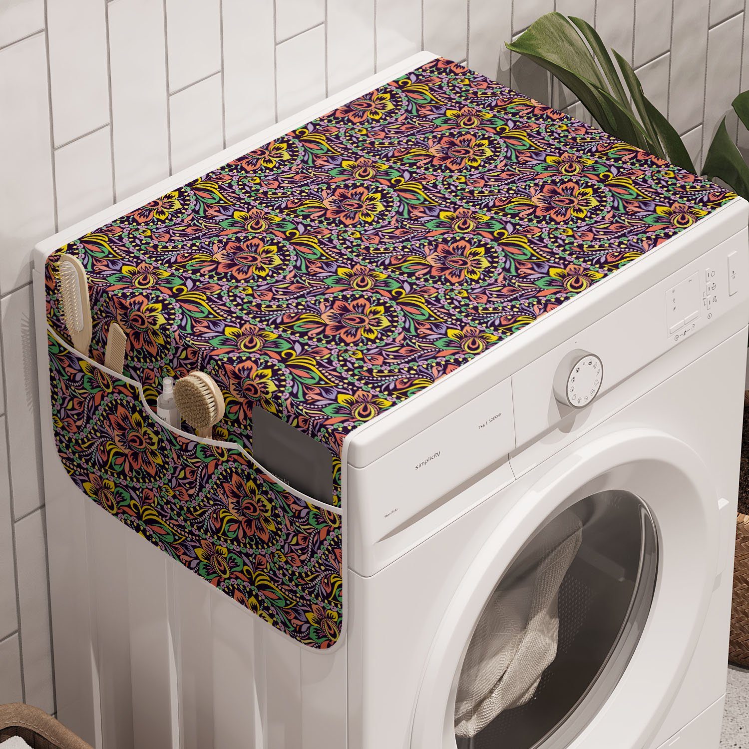 Anti-Rutsch-Stoffabdeckung Paisley-Verzierungen Waschmaschine Bunte und Trockner, Blumen für Abakuhaus Badorganizer