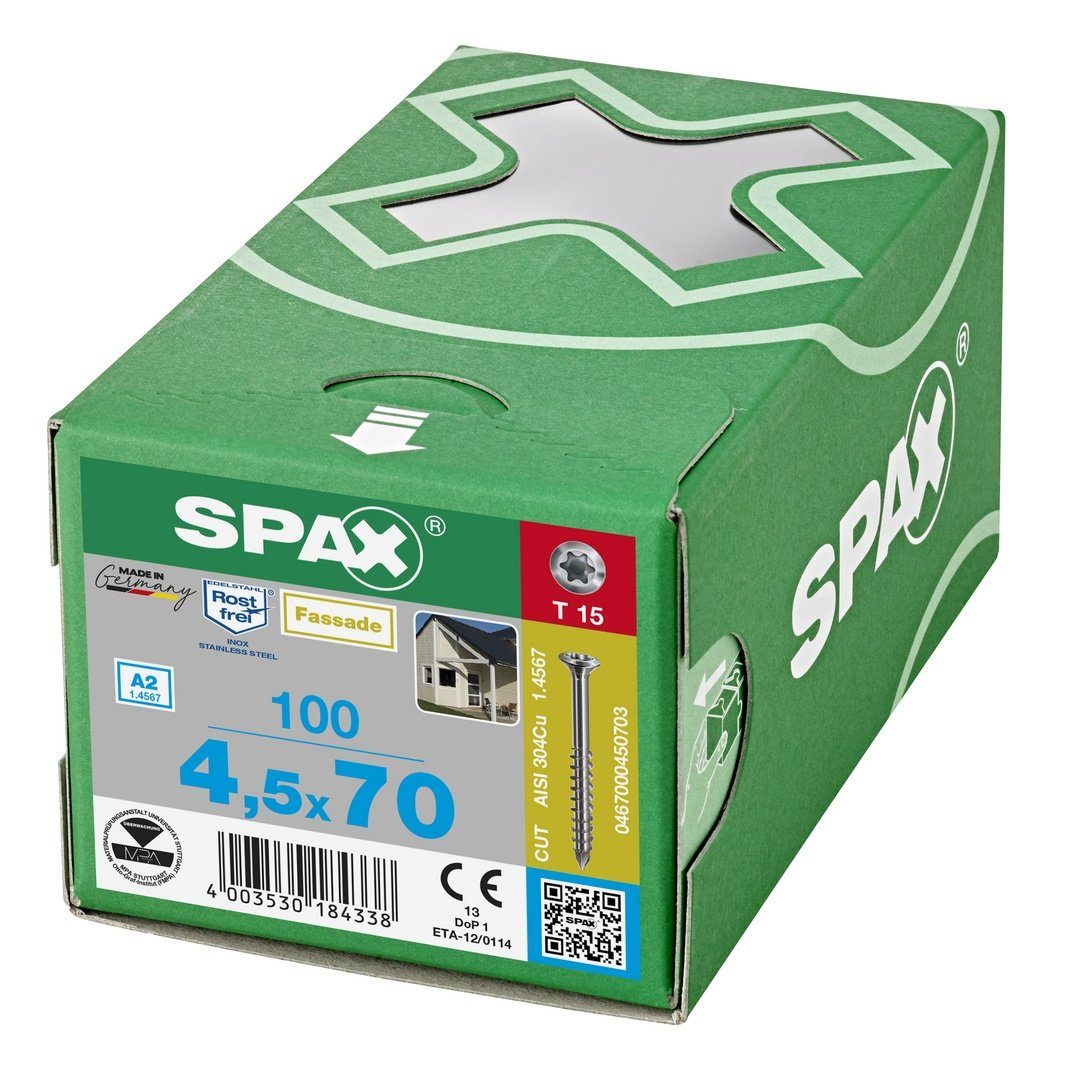 SPAX Spanplattenschraube Fassadenschraube, (Edelstahl St), 4,5x70 mm A2, 100