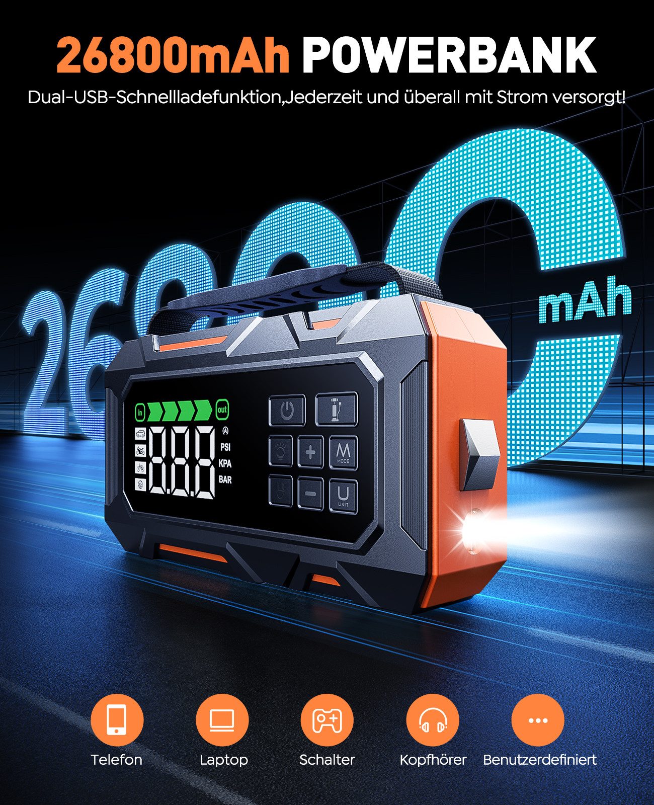 Buture 14-In-1 7000A Starthilfe Powerbank fürs Auto 26800mAh Starthilfegerät, 5 LED-Licht, Reifenreparaturset, Notfallhammer – Bild 5 von 5