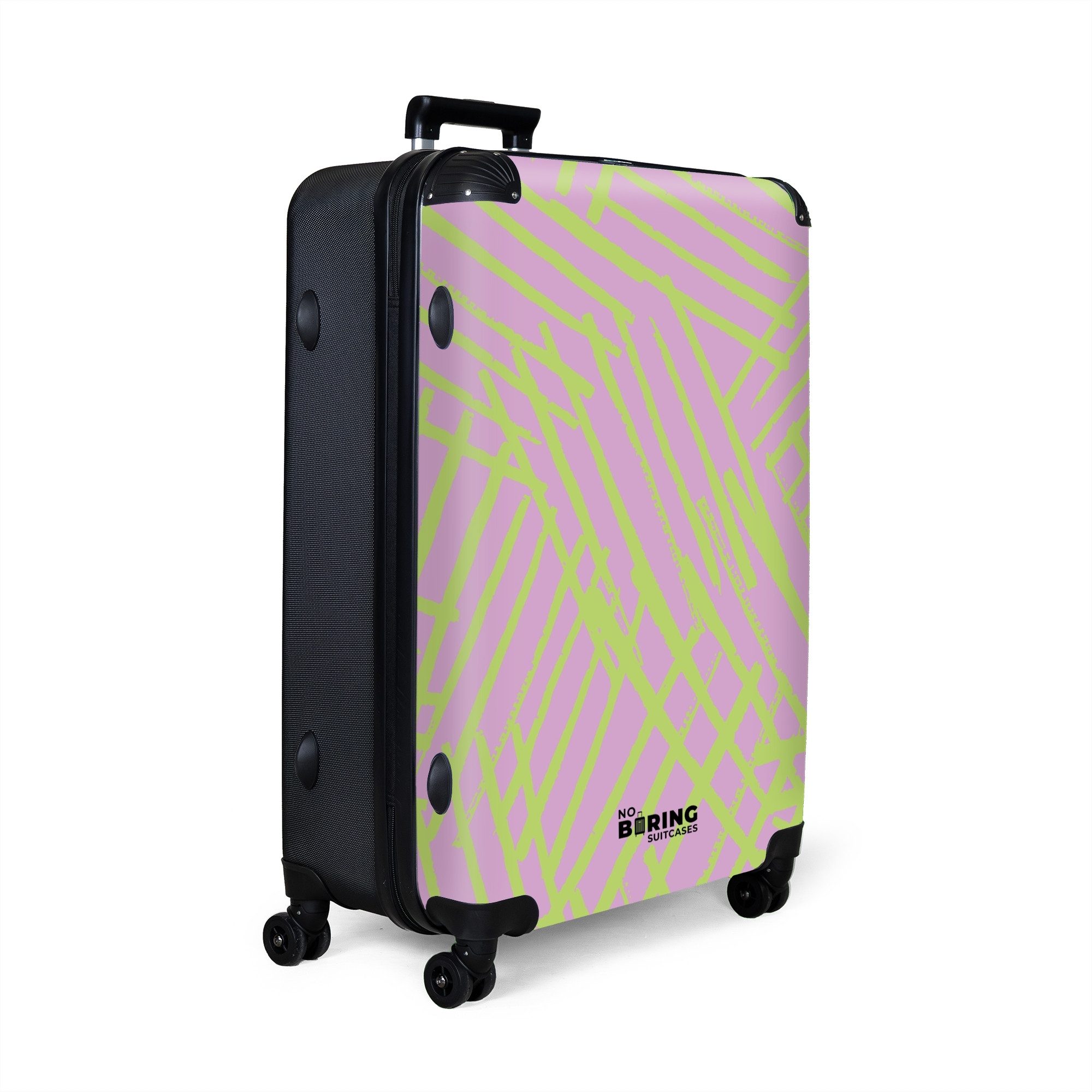 NoBoringSuitcases.com© Hartschalen-Trolley Lila mit grünen Linien günstig online kaufen