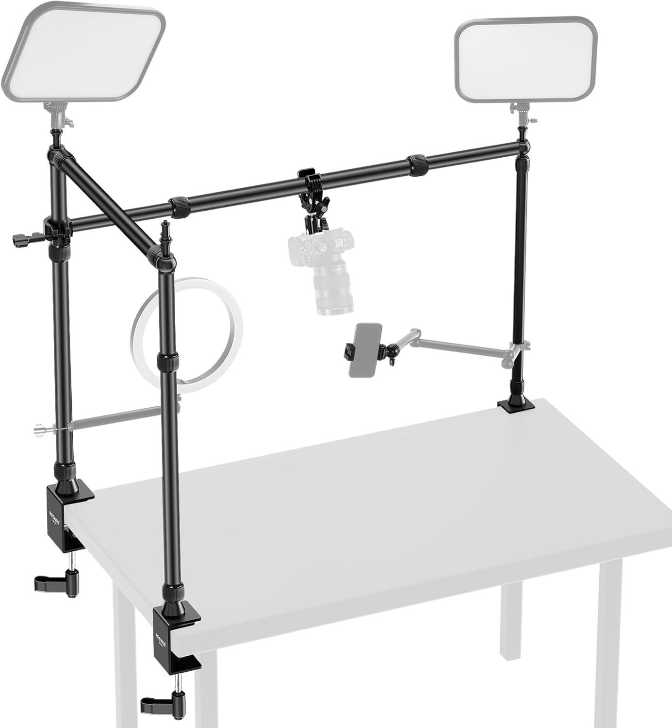 Neewer Kamerahalterung NK003 Überkopf Tischhalterung mit Dual Ball Head & Super Clamp, (Packung, Farbe:schwarz, Grundfarbe:schwarz, höhenverstellbar von 69 bis 112 cm)