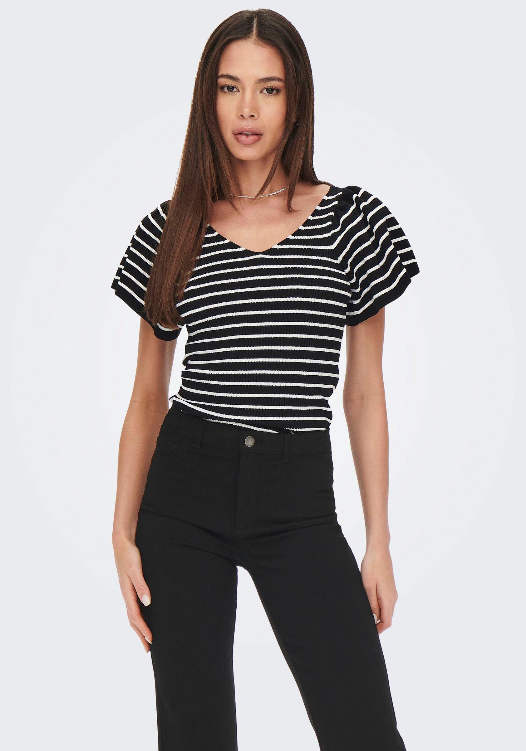 Kurzarmpullover ONLLEELO STRIPE SS BACK V-NECK KNT NOOS