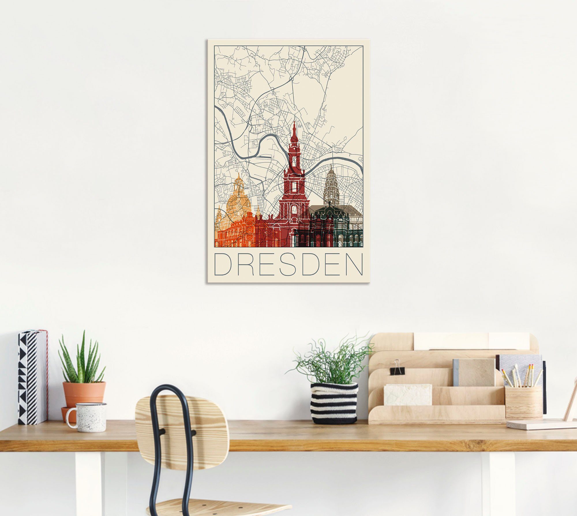 (1 Wandaufkleber in Wandbild St), Leinwandbild, Alubild, Artland als oder Größen Retro Poster versch. Deutschland Dresden, Karte