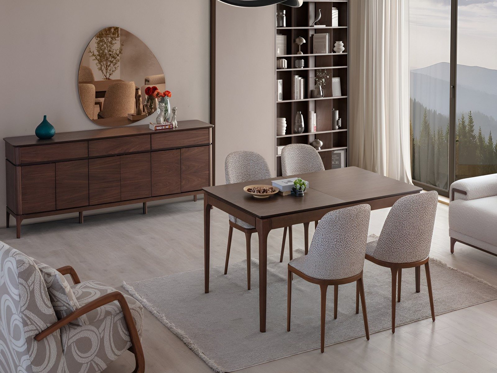 Xlmoebel Esszimmer-Set Braun-Beiges Holztisch-Set mit Designer Lowboard und Polsterstühl, (7-St), Made in Europa