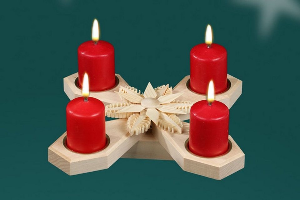 Adventsleuchter Tischschmuck Kerzenhalter für 4 Kerzen Mittig mit Stern  BxHxT=24,5x24, Stern mittig aus gestochenen Span