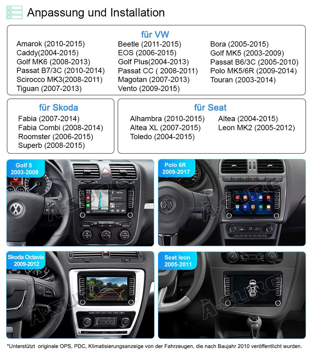 A-Sure 7" 8-Core Android 15 Carplay Für VW Golf 5 6 Passat Touran Caddy Jetta Autoradio (Digitalradio (DAB), FM, AM)