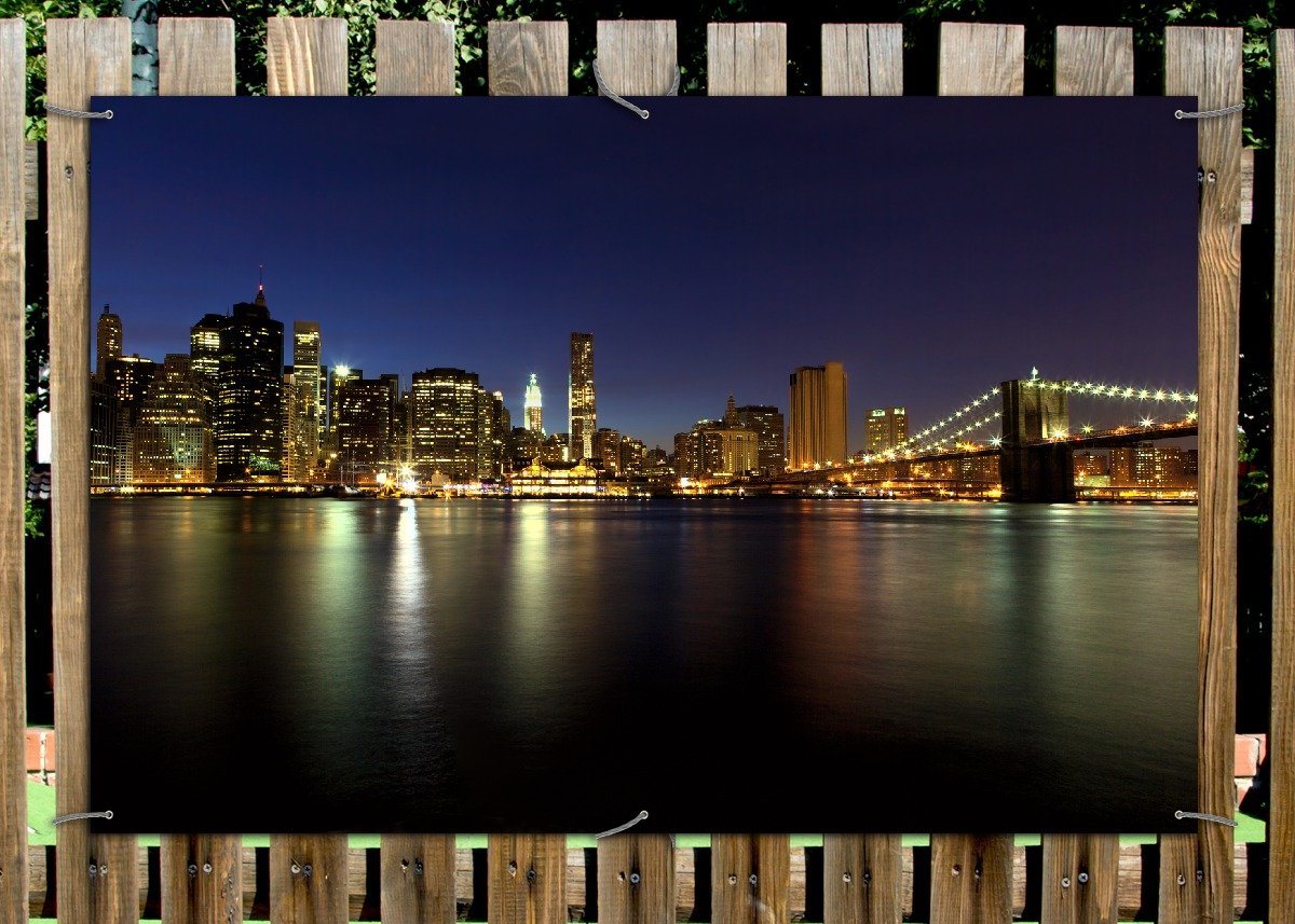 Thumbnail - Wallario Sichtschutzzaunmatten New York Skyline - Brooklyn Bridge und Manhattan am Abend