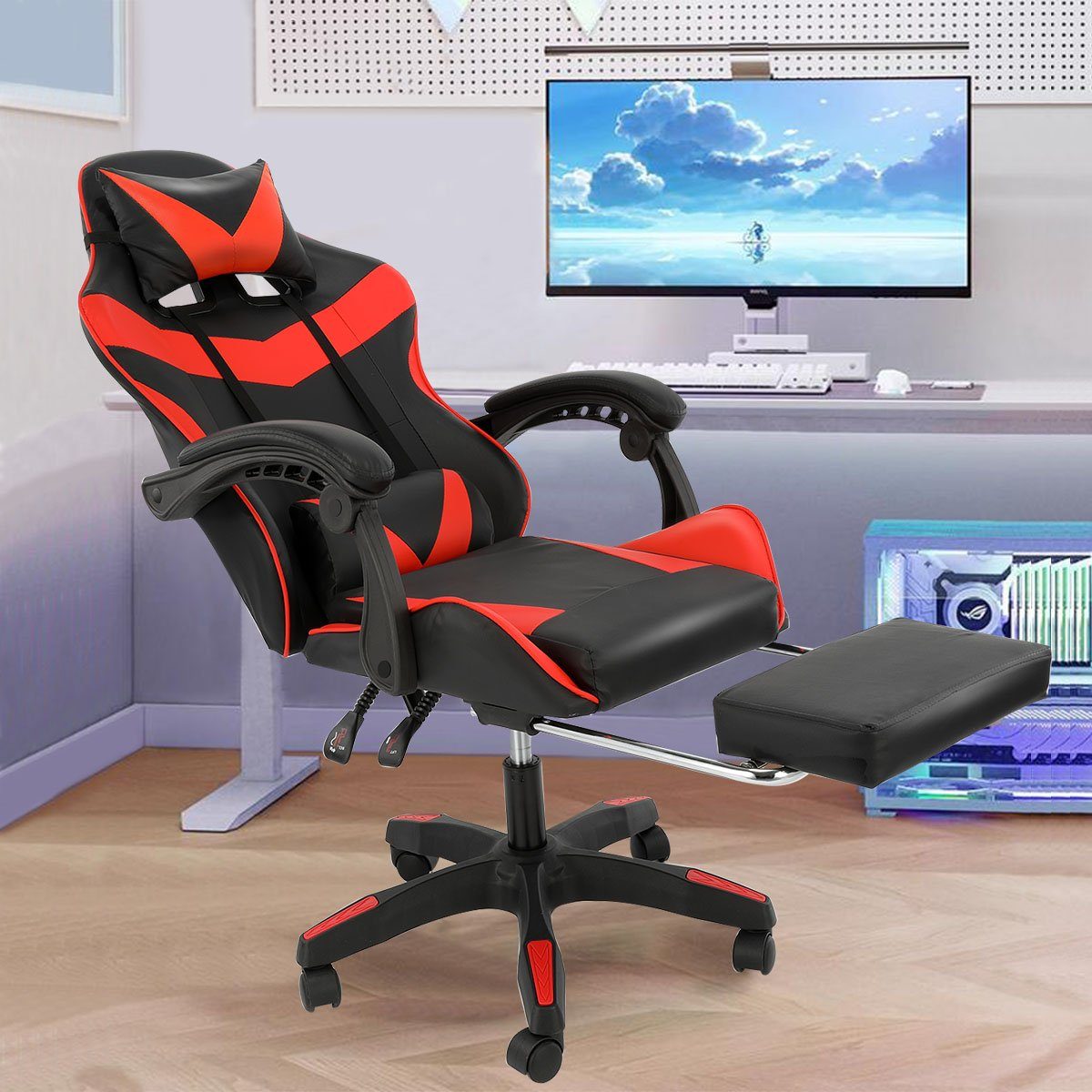 LETGOSPT Gaming Chair Ergonomischer Gaming-Stuhl, Verstellbare Bürostuhl Massage Gamer Stuhl, Gaming Chair mit Kopfkissen Lendenkissen, Gamer-Stuhl für Erwachsene