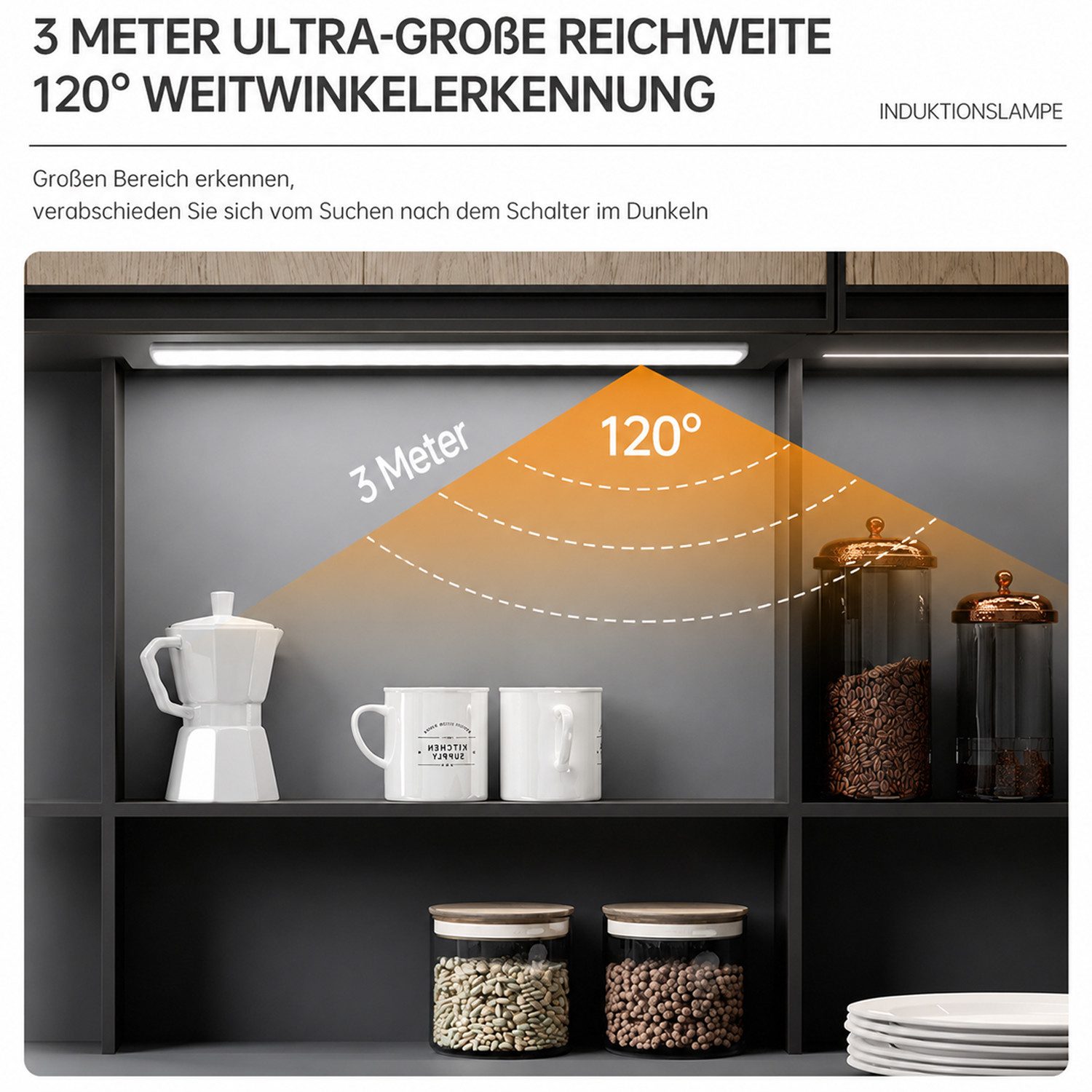 BOOD LED Unterbauleuchte mit Bewegungsmelder und Lichtsensor,20/30/40cm&1100/1800/2200mAh, USB-C wiederaufladbar,Einfach Montage Stark,schrankbeleuchtung, Warmw – Bild 4 von 5