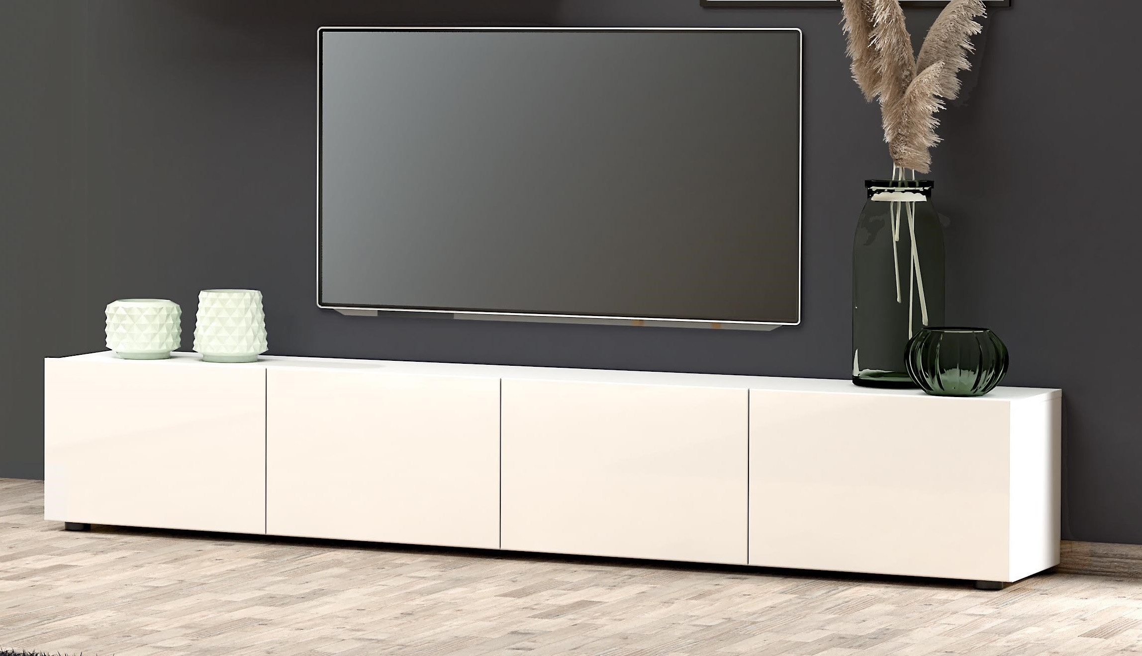 KITALY Lowboard in weiss, Lack Hochglanz - 225x40x38cm (BxHxT)